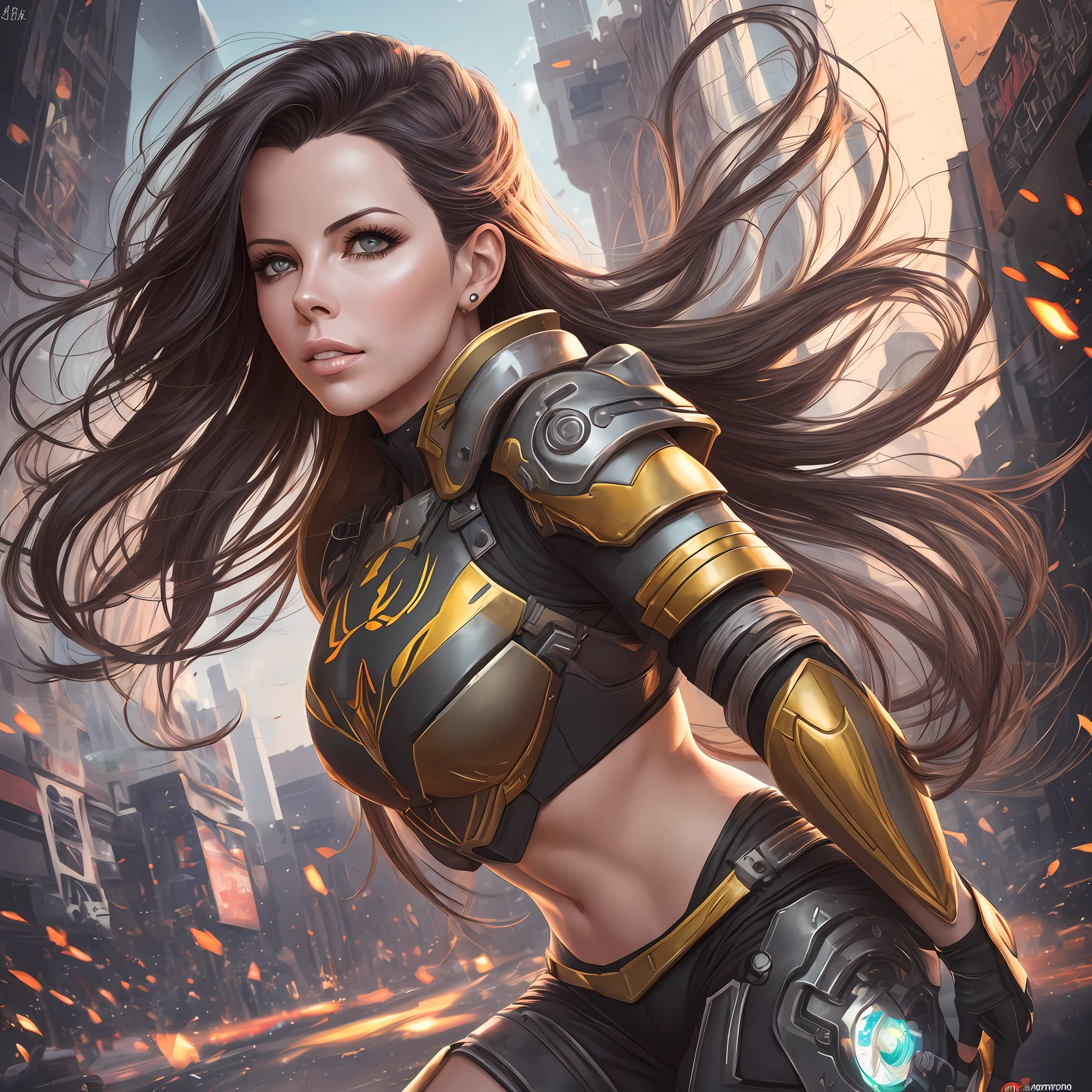 fotorrealista,Realistic illustration in Manga style,((obra maestra)),((La mejor calidad)),((calidad ultra)),((ultra detallado)),Kate Beckinsale como d. Overwatch VA in a Dramatic Pose,Mech neon armor,Wet miniskirt, fina - cara, Cara perfecta sombreada realista,ojos morados claros,delineador,maquillaje,cabello ondulado,colas gemelas,((ojos detallados perfectos)), detalles finos. Artgerm,Surrealim,Belleza angelical,Detalles intrincados,Renderizado de octanaje,Smoth,foco nítido,WLOP,retrato de cuerpo entero,((Cuerpo detallado perfecto)), --auto