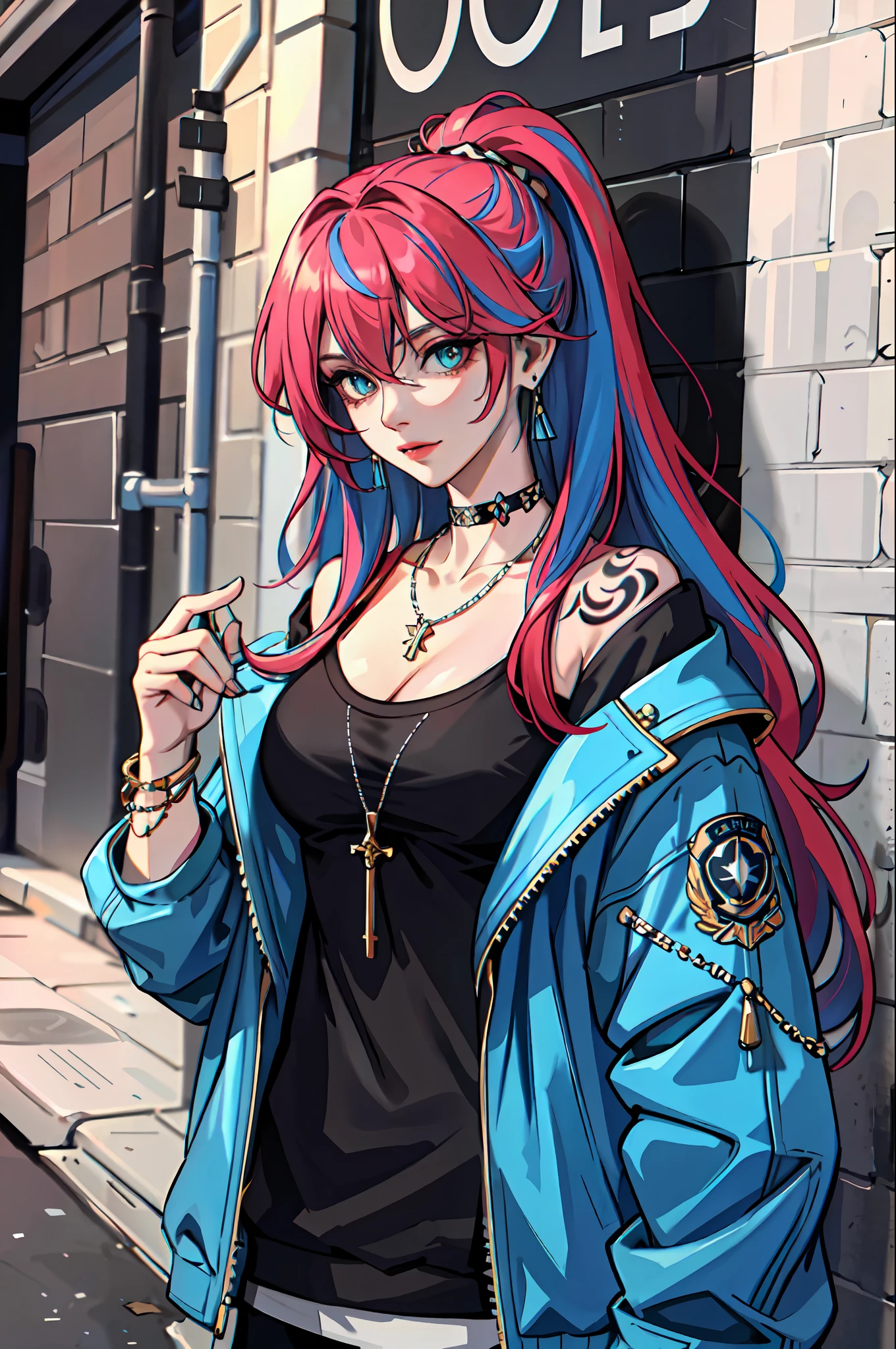 (masterpiece:1.2, best quality), (1lady, solo, upper body:1.2), colored hair, long hair, tattoos, jacket, earrings, choker, necklace, Hanging out in an underground music venue or street art exhibit