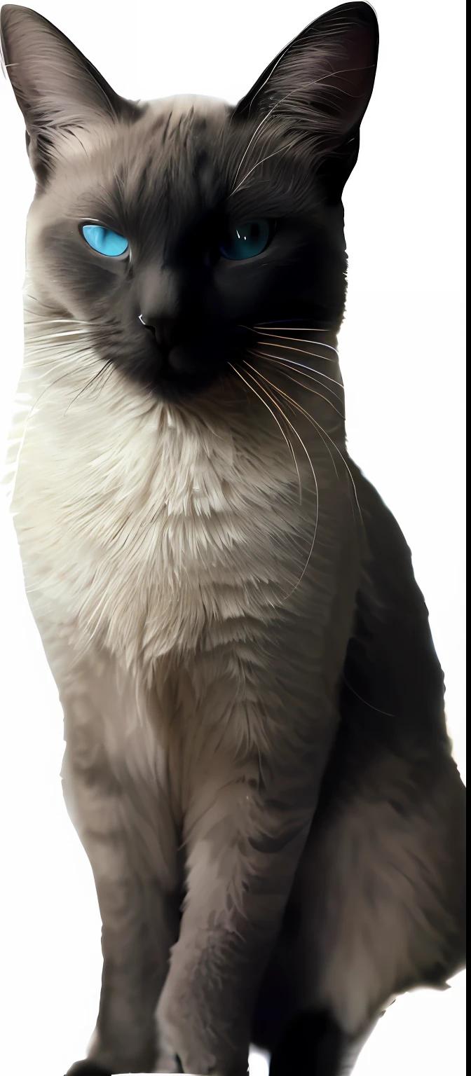 Close-up of a blue-eyed cat sitting on a white surface, aesthetic siamese cat, Whiskers, on clear background, cat photo, short light grey whiskers, photo of a cat, elegant cat, cat detailed, Clear background, glamour shot, beautiful smooth oval head, with small nose, front poses, regal pose, Narrow Nose, whiskers hq