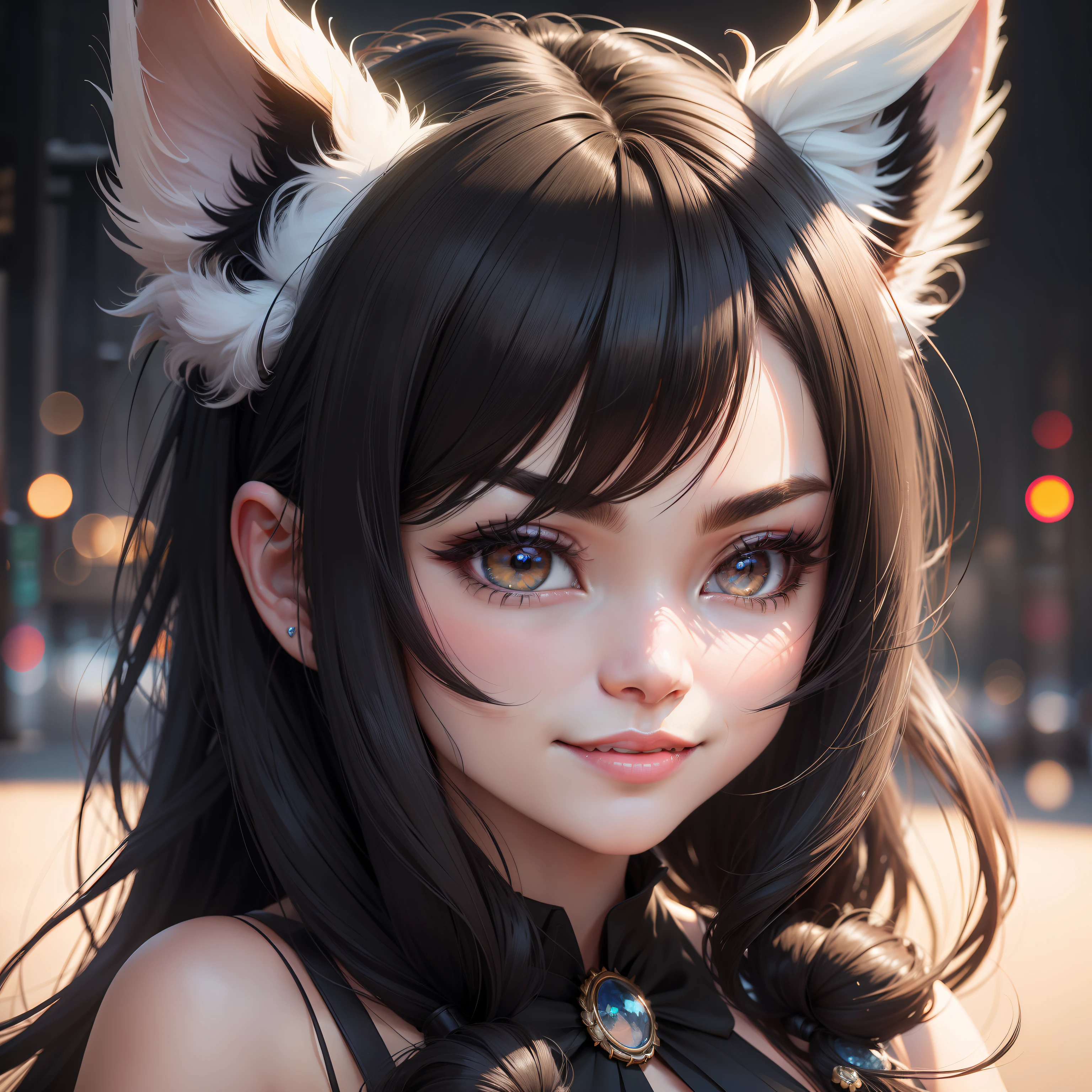 black hair, hair bobbles, wince, longeyelashes, solid circle eyes, fake animal ears, light smile, ear blush, fang, Surrealism, drop shadow, anaglyph, stereogram, tachi-e, pov, atmospheric perspective, 8k, super detail, ccurate, best quality