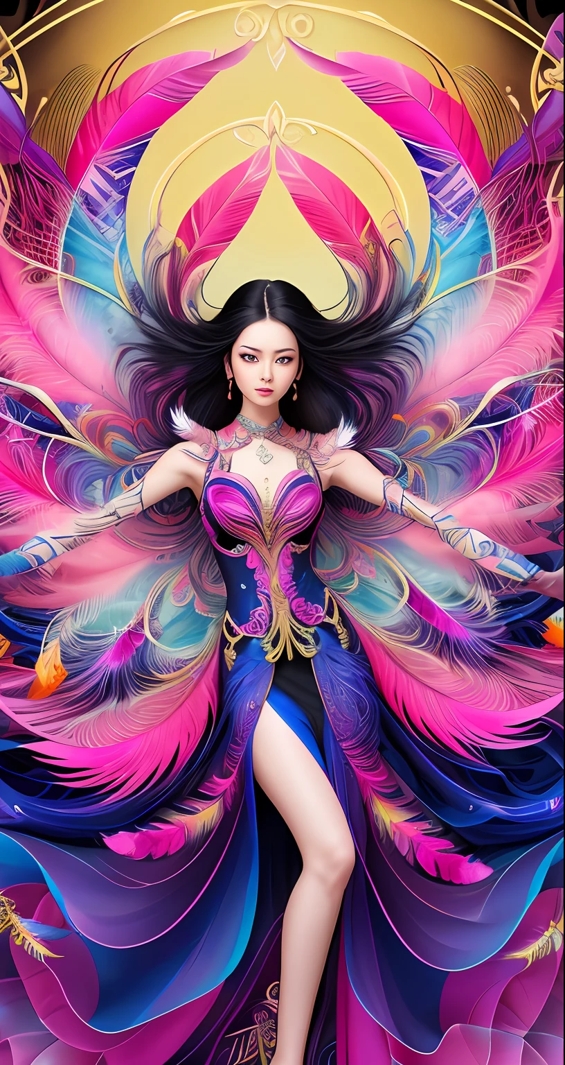 erjie, girl in a fluid and dynamic pose, wearing a loose, flowing pink dress, mysterious expression, curly black and pink hair, [Zhang Ziyi|Aishwarya Rai], in a modern and abstract setting, with bold and colorful abstract art, blurred background, bright lighting, official art, unity 8k wallpaper, (zentangle, mandala, tangle, entangle), intricate clothes,zhongfenghua (full body,from everywhere,masterpiece, top quality, best quality, official art, beautiful and aesthetic:1.2), extremely detailed,(fractal art:1.1),(colorful:1.1)(flowers:1.3),highest detailed,(zentangle:1.2), (dynamic pose), (abstract background:1.3), (shiny skin), (many colors:1.4), (feathers:1.5),  dynamic angle, the most beautiful form of chaos, elegant, a brutalist designed, vivid colours, romanticism,