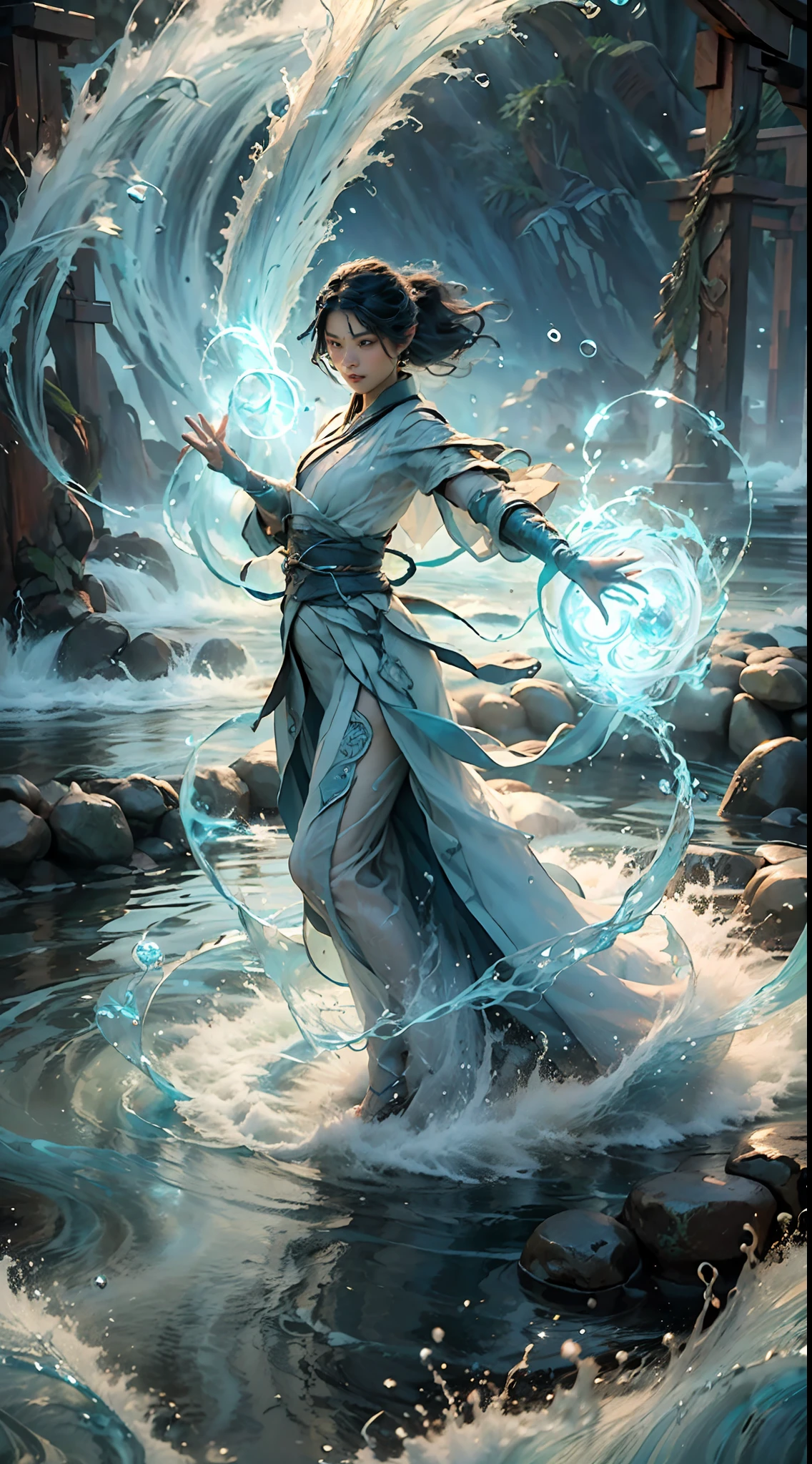 ((best quality)), ((masterpiece)), (detailed), (realistic), (official art), (extremely detailed CG unity 8k wallpaper), (water magic:1.2), (manipulating water:1.1), (elemental control:1.2), (graceful movements:1.1), (aquatic beauty:1.2), (mystical powers:1.2), (serene expression:1.1), (flowing tides:1.2), (sparkling droplets:1.2), (enchanted aura:1.1), (magical incantation:1.2), (rippling waves:1.2), (splendid water formations:1.1), (emerging from a water vortex:1.2), (resonating with nature:1.2), (commanding the elements:1.2), (translucent veil:1.1), (wisdom and power:1.2), (whirlpool of enchantment:1.2), (glowing water glyphs:1.1), (harmony with the sea:1.2), (mysterious origins:1.2), (harmonious balance:1.1), (serene strength:1.2), (spellbinding spectacle:1.2), (immersing in liquid magic:1.1), (embracing her destiny:1.2)