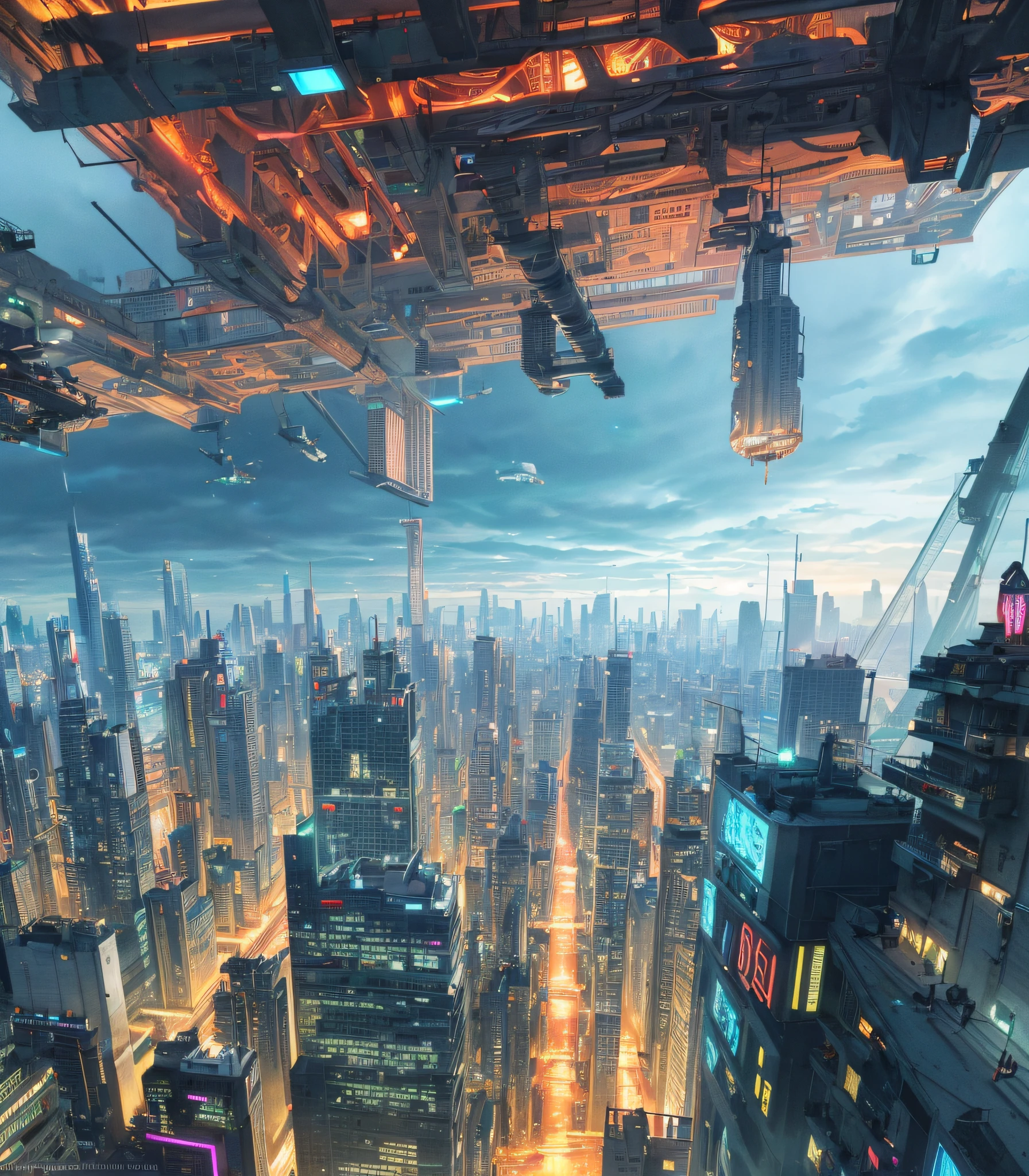 Future cityscapes, ((Cyborg)), (irregular architecture), machinery, (cyberpunk), (hovering trains), drones, realistic lighting, (abyss) masterpieces, high quality, beautiful graphics, high detail, (futuristic city), (intelligent), (humanized), (digital), (diverse) city, (looming flying saucers and spaceships in the sky)), vision (wide-angle lens), ultra-high resolution (realism: 1.4), ultra-high quality, extremely detailed CG Unity 8k wallpapers, aesthetics, award-winning photography, realism, high detail, detail enhancement, blur removal, intricacies, travel art. Visually stunning. Beautiful Future City, Beautiful City, Chinese Dream Land, Pexels, Blue Hour Photography, Chinese Dreamland, Spectacular Clouds, Fantasy Clouds, The title should be eye-catching, in bold, stylized font, and the tagline is "Future City".