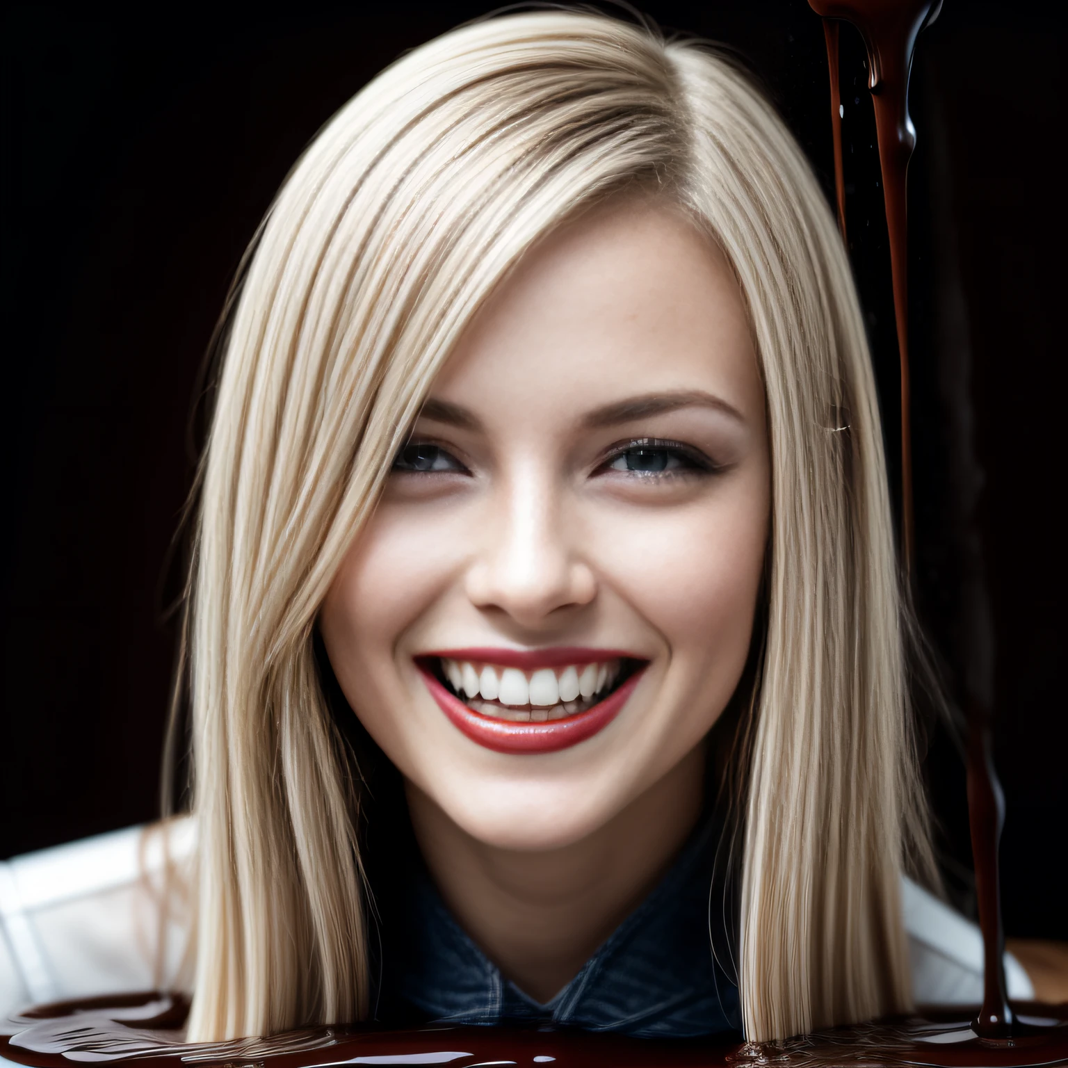 Photo realism, 4k, detail, ((2 sexy blonde women)), kissing, hugging, slim, petite, aged 24, perfect face, air stewardess, long blond hair, ((only the top half of her head as she sinks beneath the surface of the chocolate sauce)), (she is engulfed by the liquid chocolate sauce), laughing, smile, pretty, make up, red lips, liquid chocolate sauce pours onto her beautiful hair