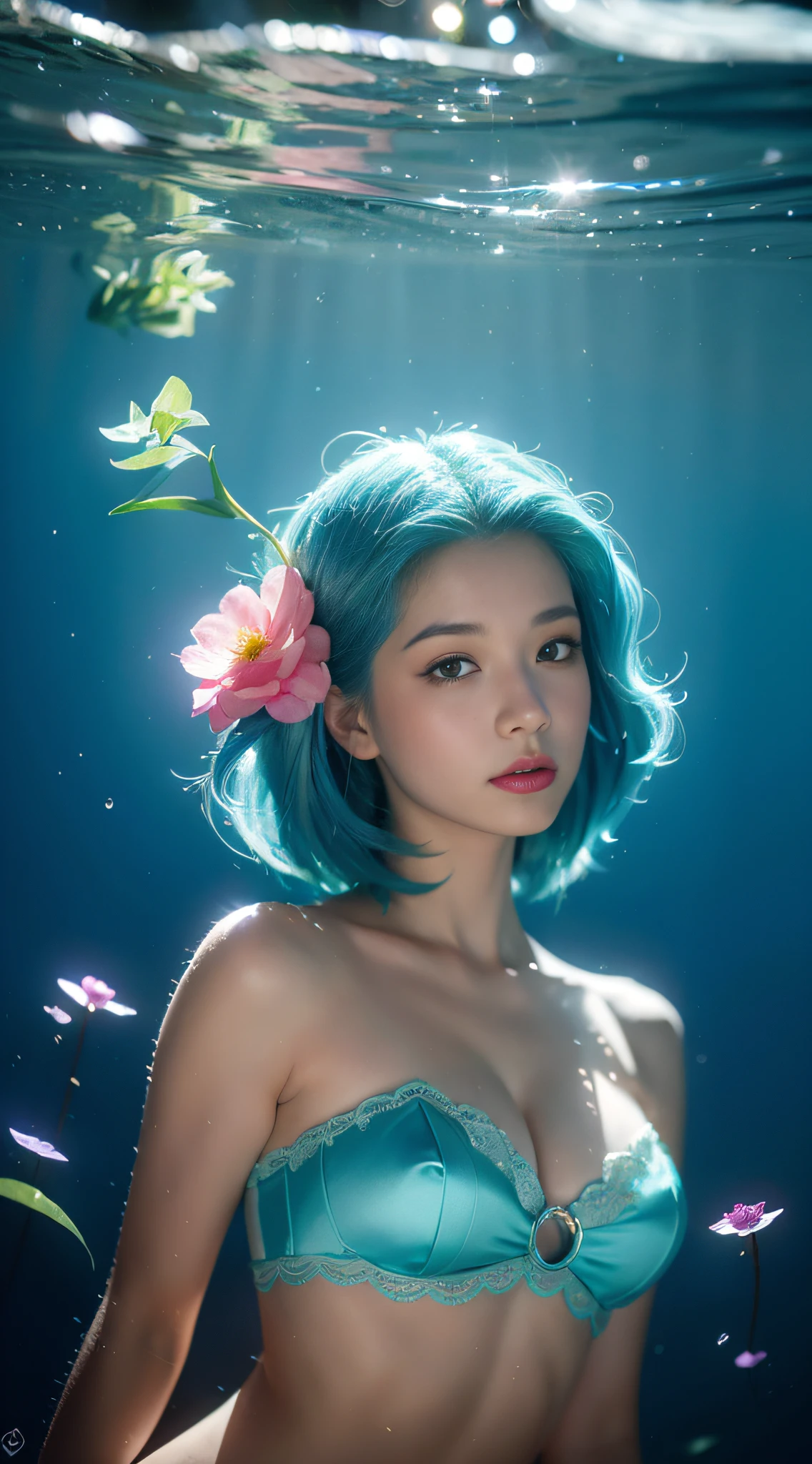 mermaid with blue hair and flowers floating in the water, beautiful mermaid, beautiful digital illustration, a beautiful artwork illustration, beautiful digital artwork, beautiful gorgeous digital art, beautiful digital art, asian female water elemental, gorgeous digital art, very beautiful digital art, closeup fantasy with water magic, beautiful fantasy art, beautiful digital painting, exquisite digital illustration, gorgeous digital painting