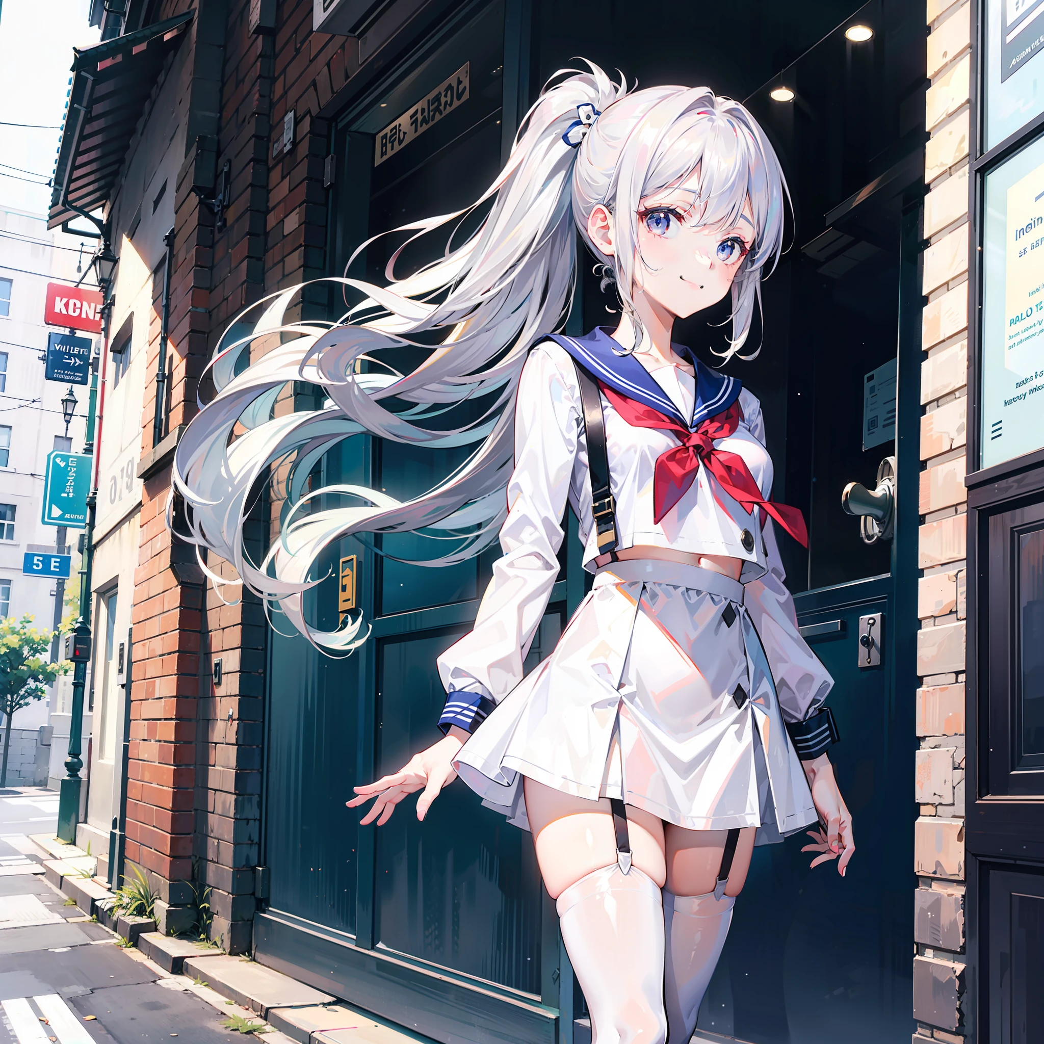 cute girly,White sailor suit,high ponytails,Silver eyes and hair,Medium-sized breasts,Smiling, White suspender stockings, Hair is being tied, A gentle breeze blows on the side of the street,Front view