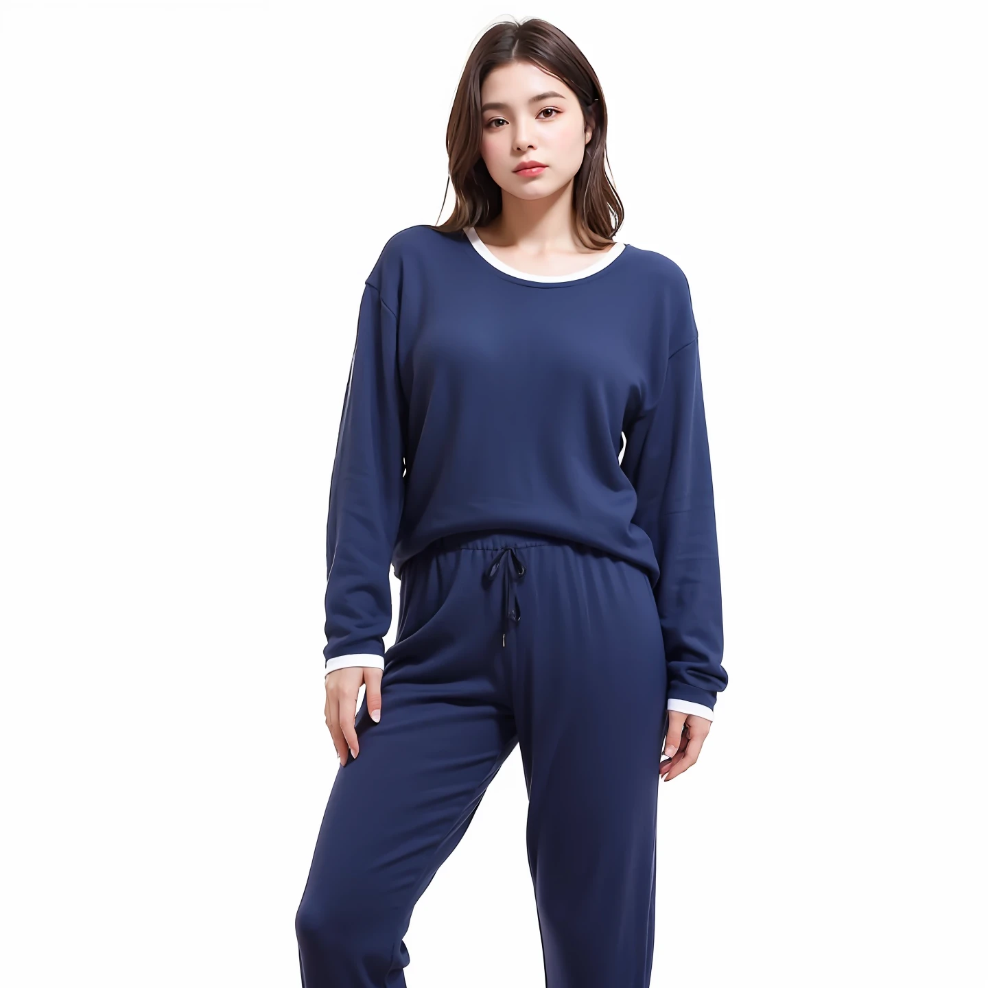 modelo negra em pijama azul marinho com detalhes brancos na gola e punho