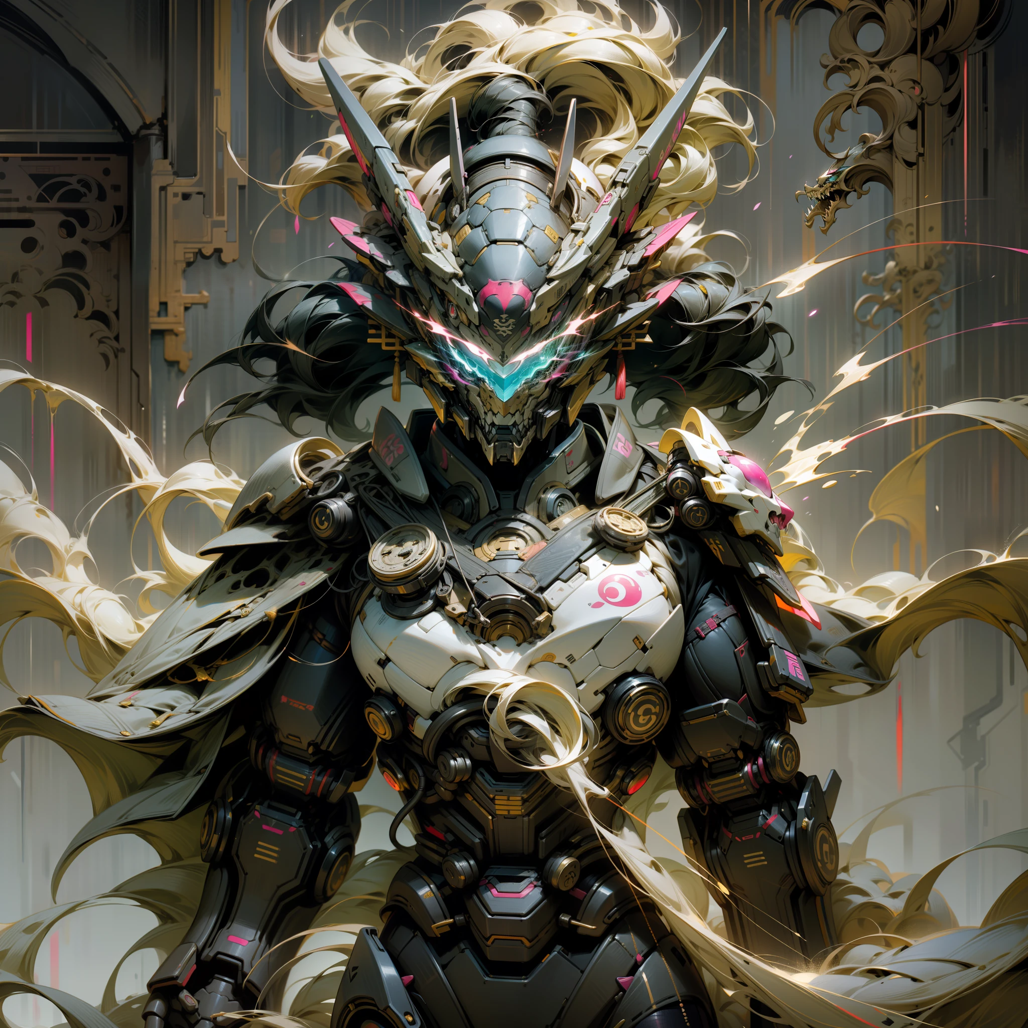 Blue and pink are the main colors,Tall mech,Powder blue gradient body,Powder blue gradient,Use the plasma sword,There is a dragon particle effect,taichi,China-style,mechanical sense,sense of strength,Sense of space,combats,cyber punk perssonage,Human body modification,Structurally sound,Battle instant,high-quality face,4K,High quality,Masterpieces,of a real,drak,chinesedragon,afterimage,rich colours,China-style,Don Dao,Exocet suit,Brocade Yiwei