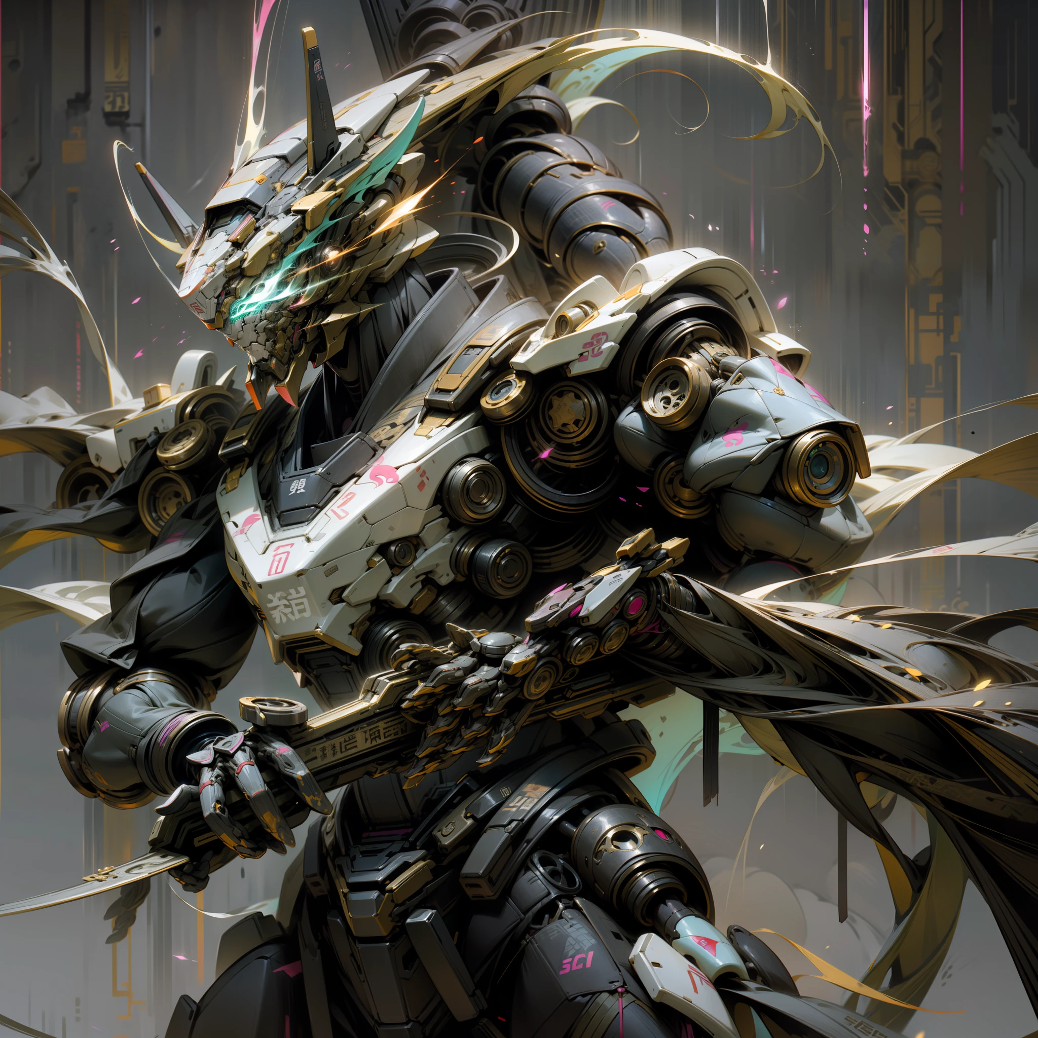 Blue and pink are the main colors,Tall mech,Powder blue gradient body,Powder blue gradient,Use the plasma sword,There is a dragon particle effect,taichi,China-style,mechanical sense,sense of strength,Sense of space,combats,cyber punk perssonage,Human body modification,Structurally sound,Battle instant,high-quality face,4K,High quality,Masterpieces,of a real,drak,chinesedragon,afterimage,rich colours,China-style,Don Dao,Exocet suit,Brocade Yiwei