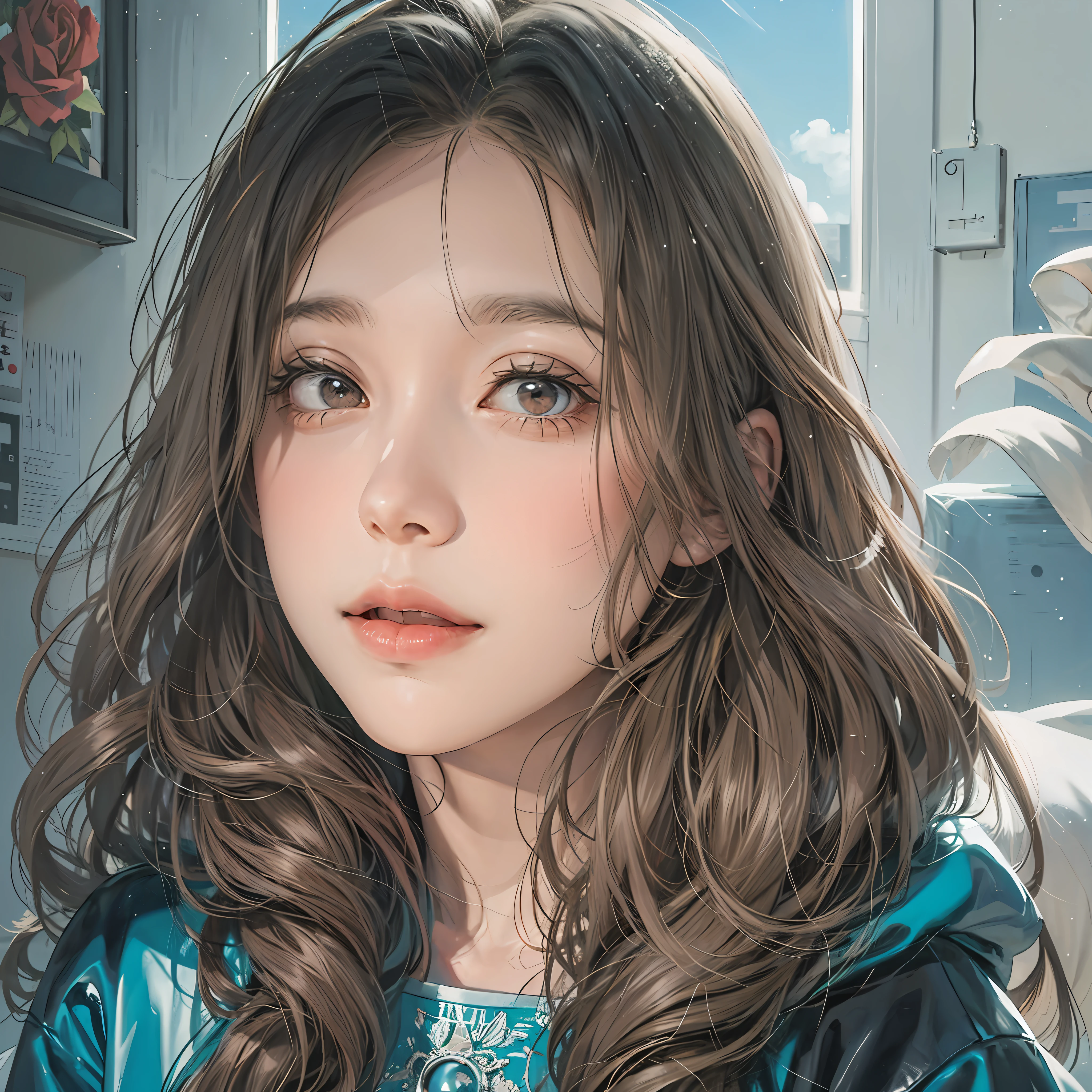 Colored curls,flowy,Window background,Skysky,Red roses are intertwined