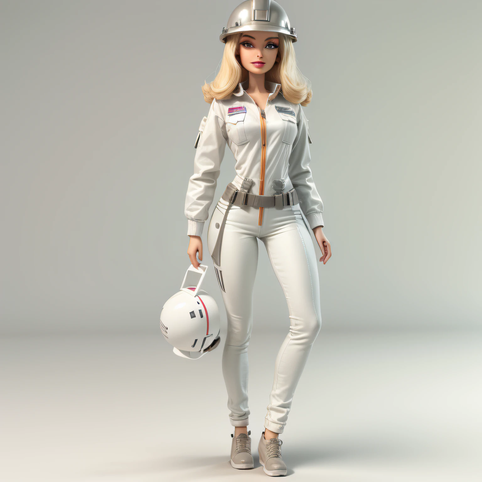 Boneca barbie em 3D com roupa de engenheiro, engineer's helmet on top of head, fundo totalmente branco e limpo, foto da cintura pra cima.