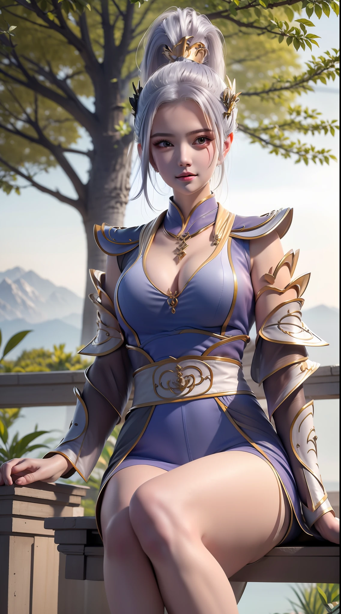 tmasterpiece，best qualityer，1girll，独奏，（buliding：1.3），（sitting under a tree：1.3），（Falling petals：1.2），（Hanfu：1.3），Han Yue，eventide