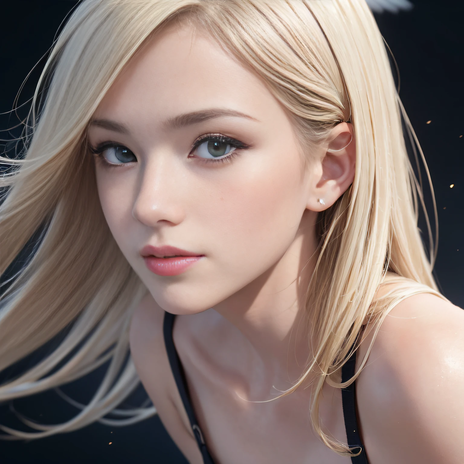 (8K, RAW Photos, of the highest quality, Masterpieces: 1.2), (Realistic, Photorealistic: 1.37), Highest Quality, Ultra High Resolution, light  leaks, Dynamic lighting, Slim and smooth skin, (Soft Saturation: 1.6), (Fair skin: 1.2), (Glossy skin: 1.1), Oiled skin, (Flying:1.6), , Night, shiny white blonde, Forehead, Bangs, Well-formed, Hair fluttering in the wind, Close-up shot of face only, Physically Based Rendering, From multiple angles