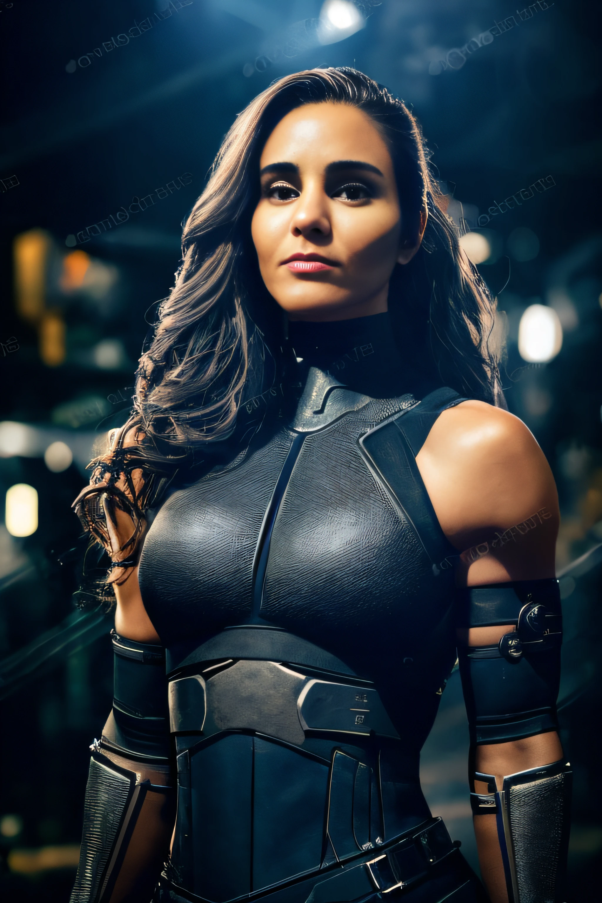 a beautiful woman cyborg warrior in the Style-RustMagic, cyberpunk augmentation, cyberware, cyborg, carbon fiber, chrome, implants, metal skull, cyber plate armor, (dark atmosphere:1.2), (fog & smoke), (dark night:1.3), scars, (dark medium length disheveled hair:1.1), (eyeshadow:1.1), (beautifully detailed glow:1.2), (Cinematic lighting), intricate detail, highres, rounded eyes, detailed facial features, sharp focus, smooth, aesthetic, detailed dark industrial factory background, stylish pose, dynamic pose, (dramapaint), (opt-6000:0.9)