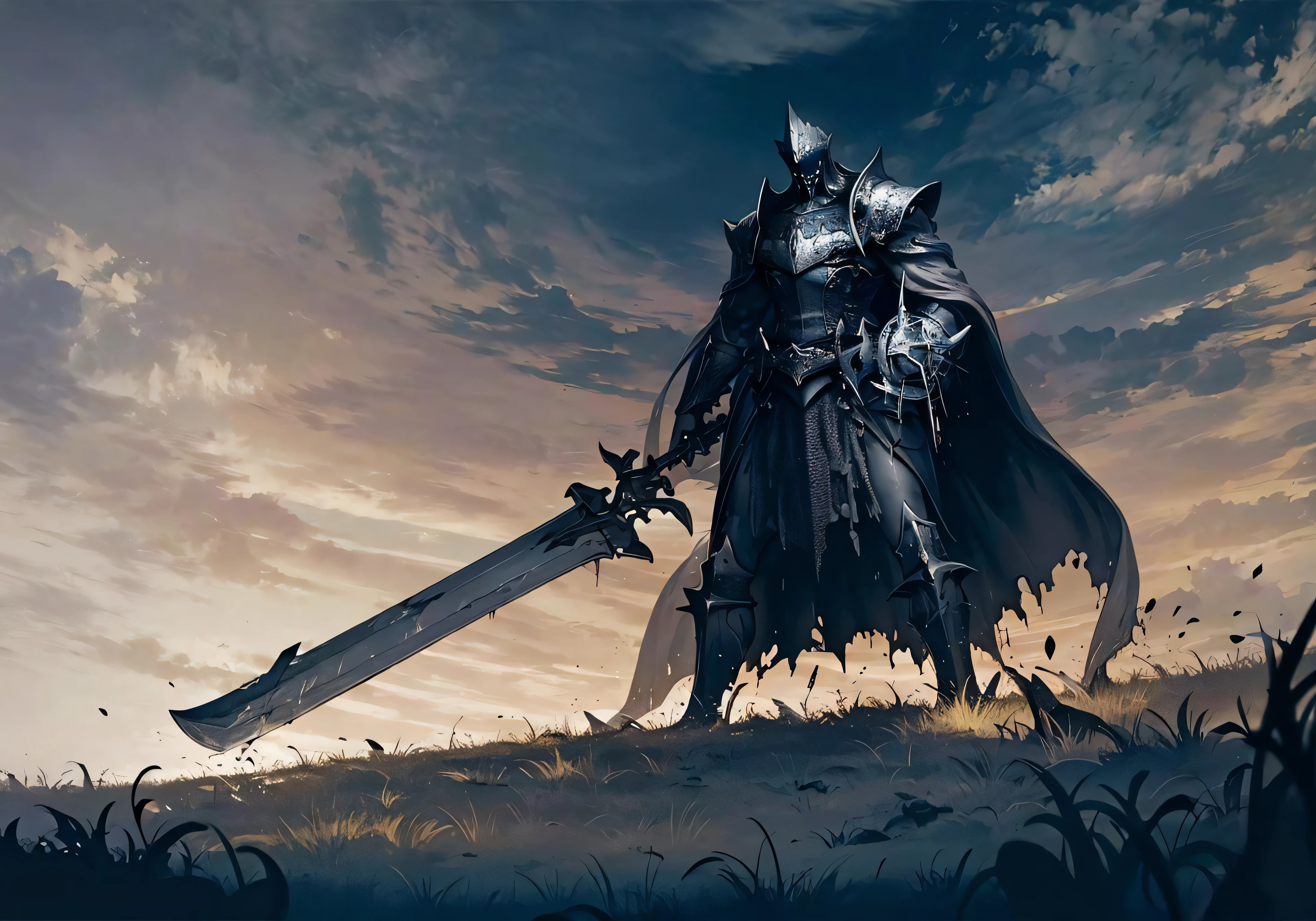 sword:1,sword hold,(soul-like game:1.4),1man,misty,blood,war,dark sky,wide field,