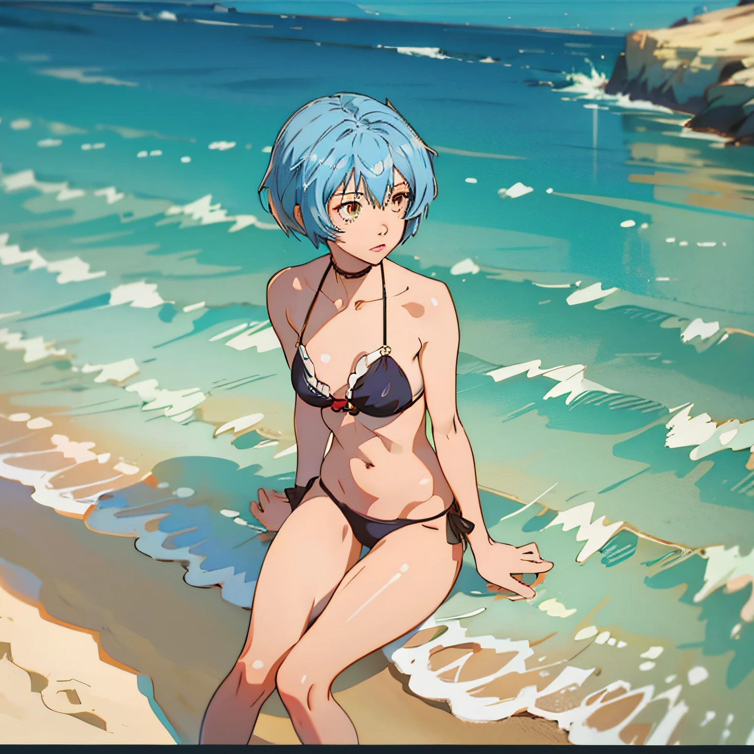 Anime girl in a bikini sitting on the beach with a wine hair, silver bikini, Rei Ayanami, Realistic bikini, mulher de cabelo vinho curto,  anime sedutora, [ Arte digital 4K ]!!, anime wallpaper golden water, Ayanami, roupa de banho, | anime de detalhes finos, em uma praia, arte de anime digital, no mar, arte de anime digital detalhada, na prai --auto