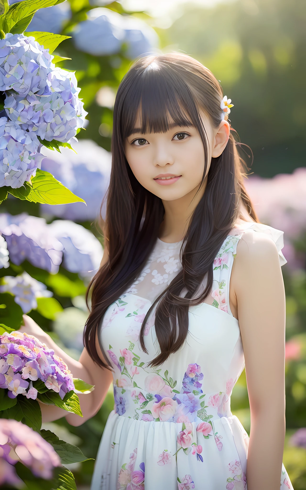 19 years old, twilight rays, wedding dress, corolla, (((Tokugawaen)), hydrangea fore bokeh, bokeh, photorealistic, surrounded by hydrangeas, background dark, smiling, (one girl), (sunset: 1.3), (8k, raw photography, best quality, masterpiece: 1.2), (realistic, photorealism: 1.37), best quality, ultra high resolution, (focus surface: 1.8), ( Portrait: 1.7), (Intense:1.1), (Details:1.1), (Highest Quality), (Analog:1.2), (High Sharp), Canon EOS R Photography, (Summer Dress:1.4), (Standing in a Flower Garden:1.3), (Vivid and Colorful:1.3)