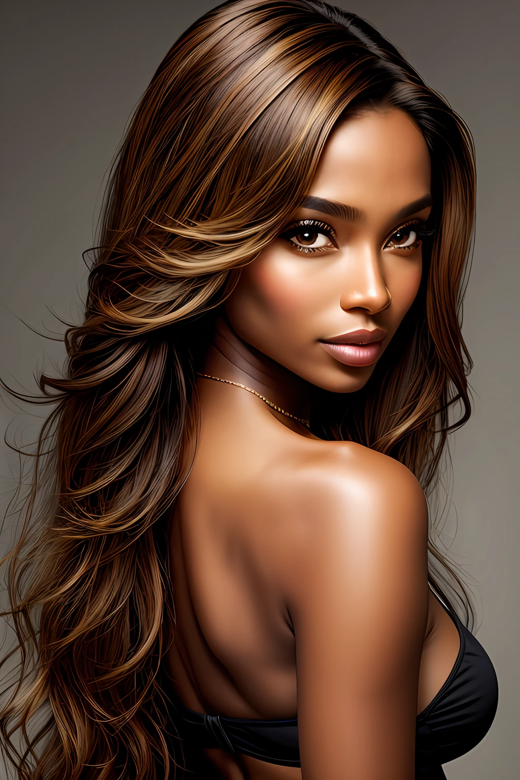 best quality, ultra high res, (photorealistic:1.4), masterpiece, 1girl, brown skin color, brown_eyes, from_behind, fur_trim, hair_over_one_eye, lips, long_hair, make up, looking_at_viewer, looking_back, nose, photo_\(medium\), photorealistic, realistic, solo, teeth, upper_body
