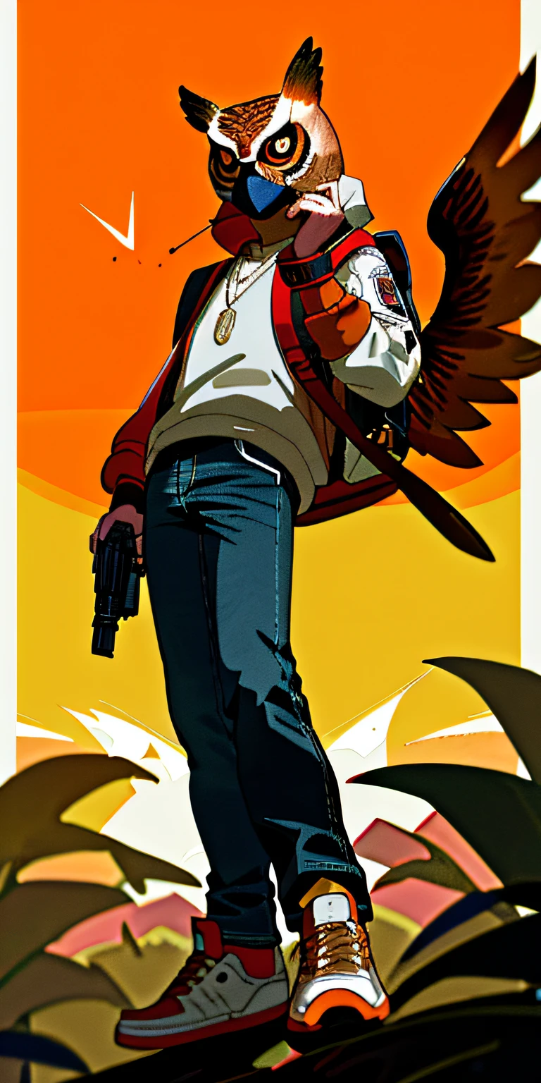 GTA5 orange-brown owl mask fully covering face, white jacket, beautifull eyes,  Estampa coruja na jaqueta com asas para cima, Backpack in left hand with some money falling, Five-Seven pistol in right hand, Sunset, black jeans, Sapatos Jordan vermelhos , Rolex in the right hand, corrente de prata com "Vs" simbol, pele natural, 8k UHD, alta qualidade, filmic grain, Fujifilm XT3, 80mm, Hasselblad, DSLR, 20MP,soft-lighting, por do sol, (pele altamente detalhada:1.2, alta qualidade, grain of film