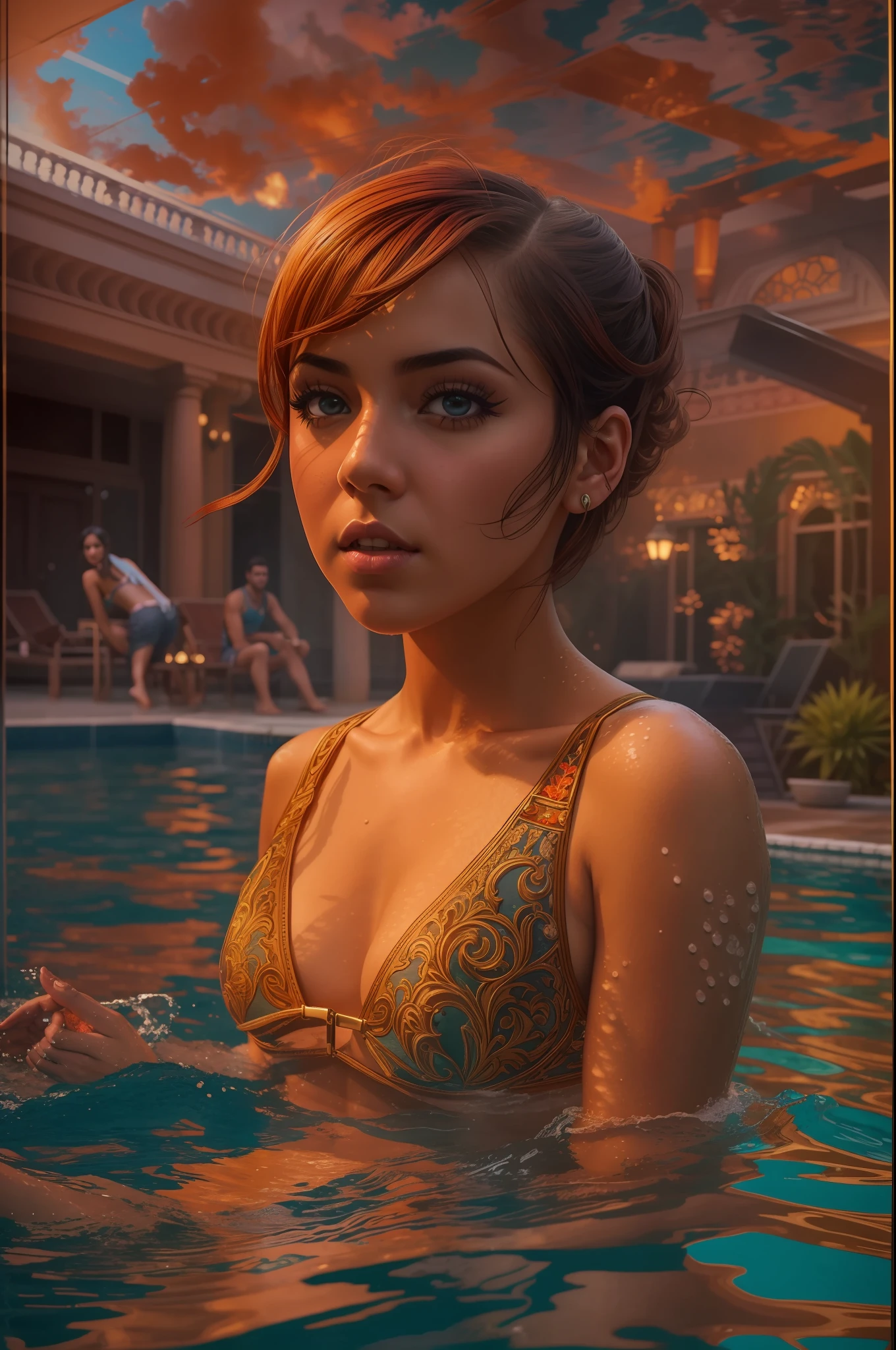 ((isabelmoner-smf,evil)), ((swims in the pool)), in bikini "Gucci", Orange short hair, joying, happiness, Stunning, Highly detailed, 8K, ornate, Intricate, Cinematic, dehazed, atmospheric,diffused lighting,(Portrait in the style of David Barnett Newton Helmut by Yuri Arkurs ), Sampler: DPM++ 2M Karras,SVG anti-aliasing,(oil painting:0.75), (headband:0.75),(teal:0.2),( Orange:0.2),(Pink:0.2),(acrylic, Stunning, Highly detailed, 8K, ornate, Intricate, Cinematic, dehazed, atmospheric, (by Jeremy Mann:0.5), (by John Constable:0.1),(acrylic paint:0.75), 8K