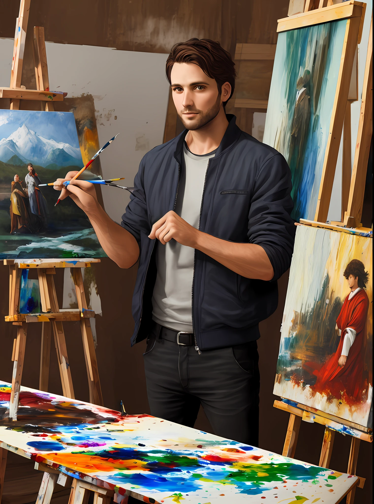 "painting a work of art", "a 30-year-old man from the 5th century dressed in a jacket", "(Art Studio)", "realistic 1:2"