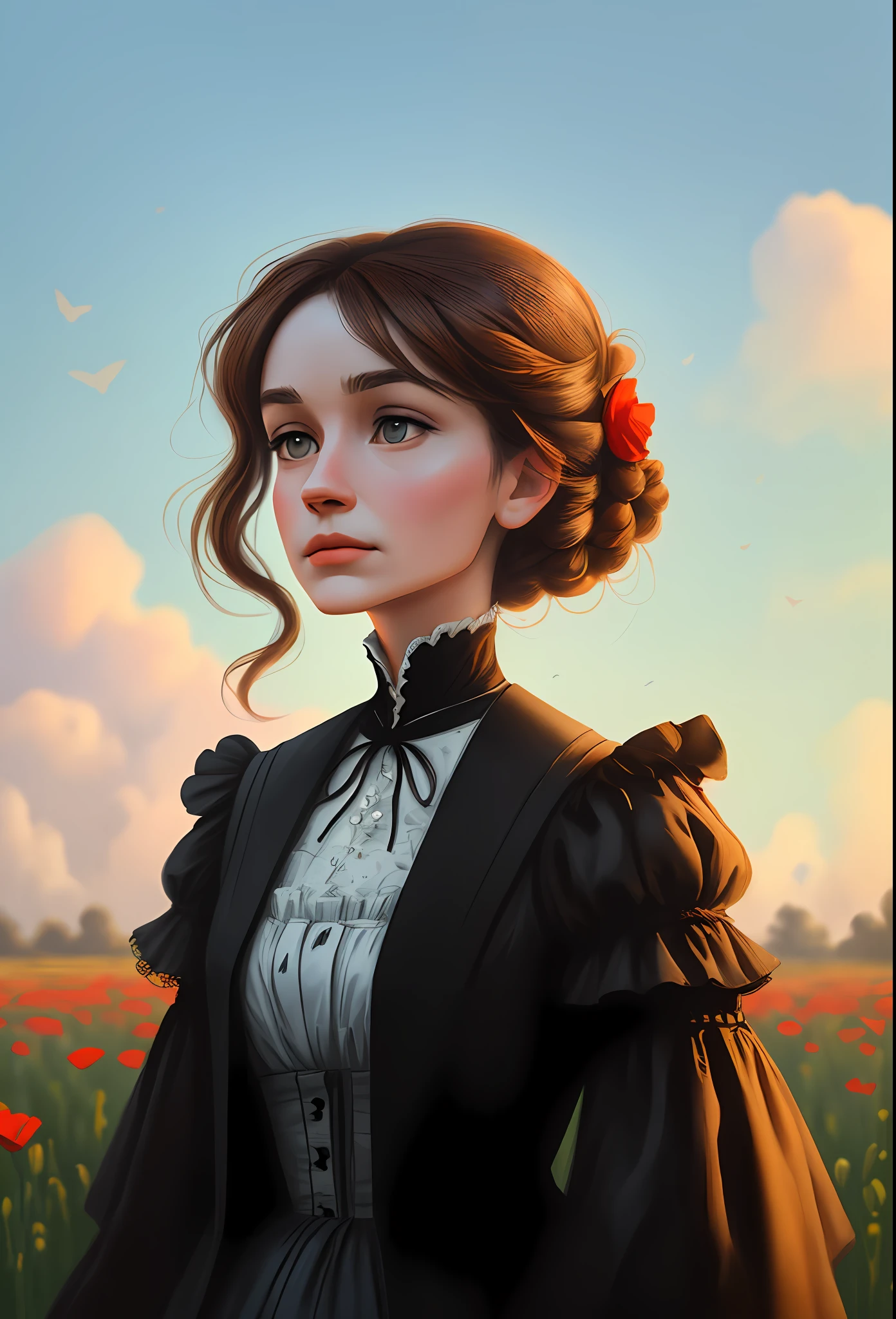 a Victorian woman, brown hair, flower hair, closed mouth, Color Field painting, backlighting, anatomically correct, anatomically correct, looking at the sky, high quality, 8k