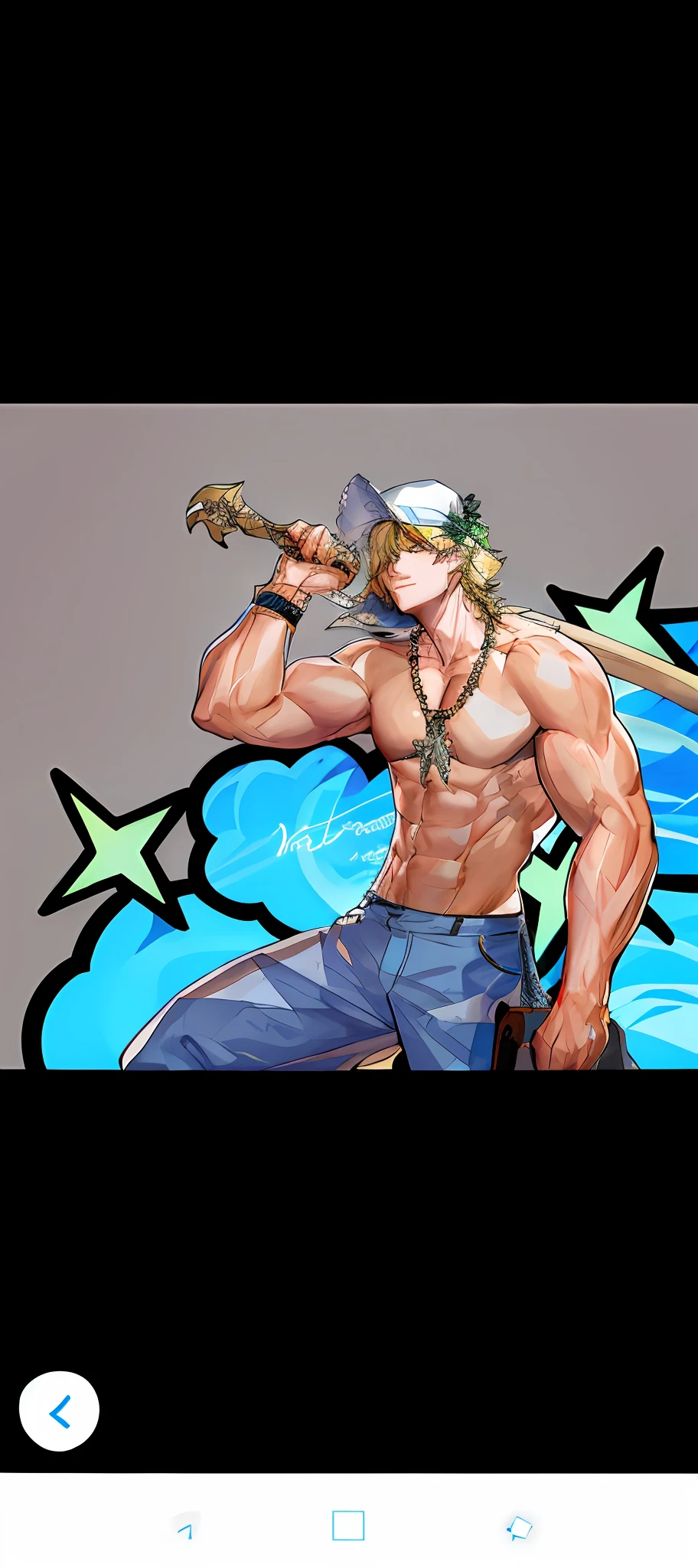 Nice looking hat, Handsome face, Muscular male blonde harmonious painting style Hair covers right eye