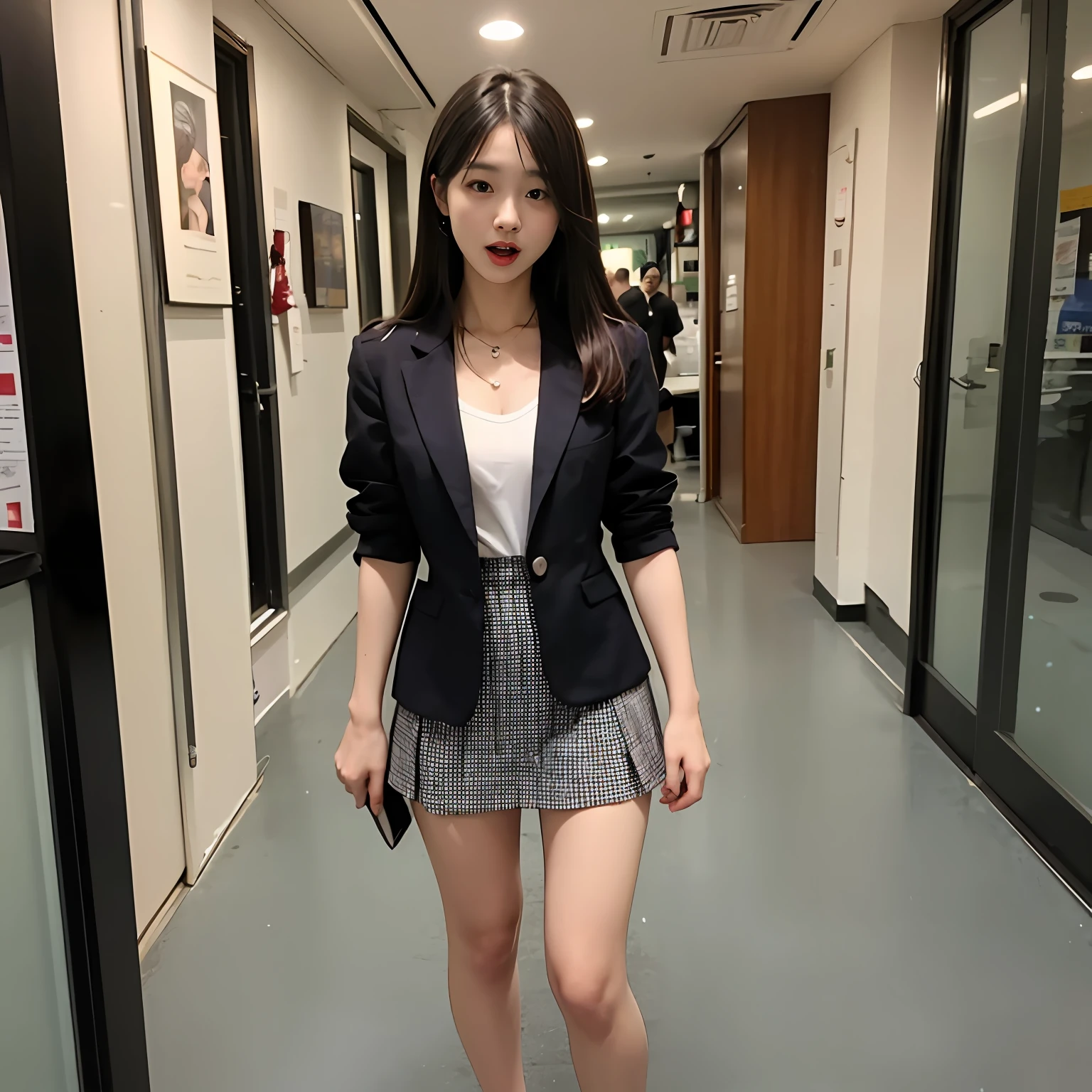 One guy，Long legs，short  skirt，Beautuful Women，Chest leakage，Open-mouthed，Harnes，brassier