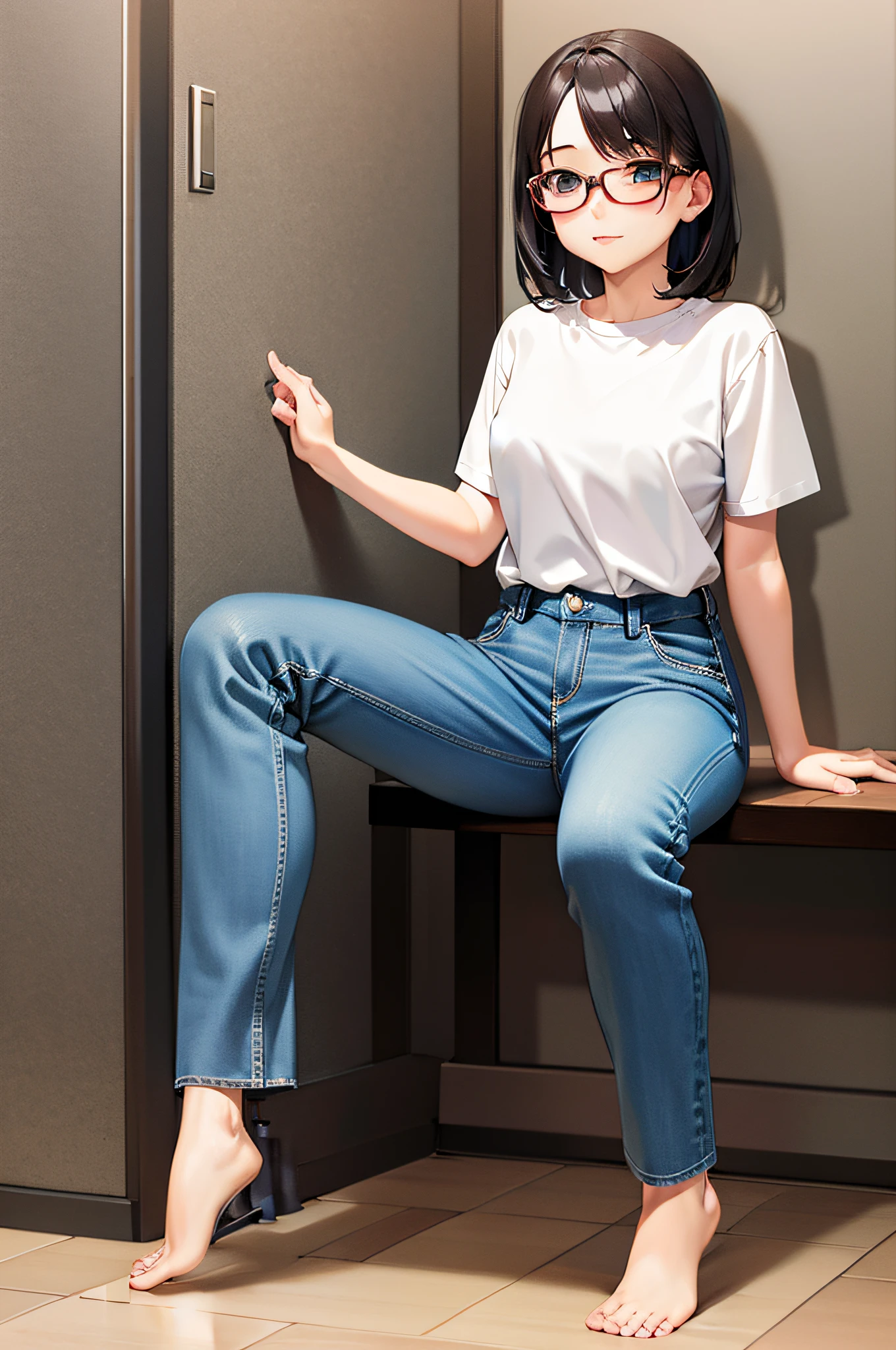there is a woman sitting on a bench in a room, wearing casual clothing, Casual clothing, kawaii shirt and jeans, realistic anime 3 d style, dressed casually, ( ( ( Wearing jeans ) ) ), Fully clothed. painting of sexy, touching her clothes, Casual pose, Wearing jeans, Realistic clothing, Smooth Anime CG Art, fully - clothed!!!