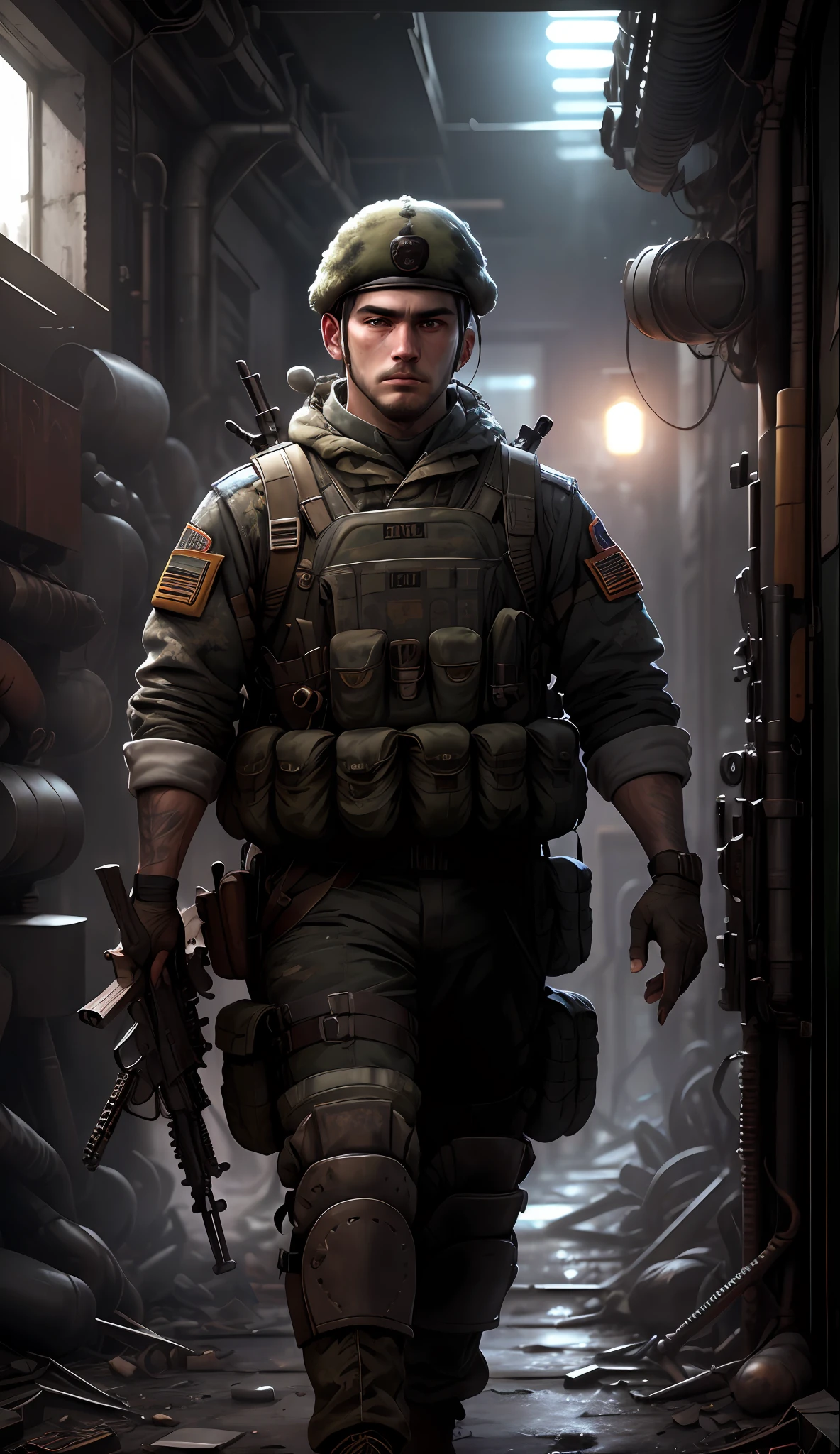 Soldier with dark uniform and rifle, ruined background, realistic, stylish, rutkowski, hdr, intricate details, hyperdetailed, cinematic, rim light, danger atmosphere