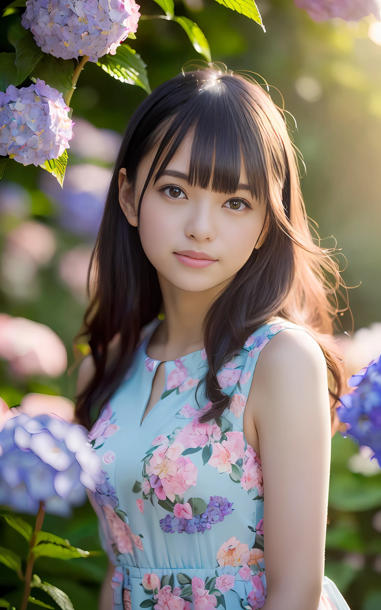 19 years old, twilight rays, wedding dress, corolla, (((Tokugawaen)), hydrangea fore bokeh, bokeh, photorealistic, surrounded by hydrangeas, background dark, smiling, (one girl), (sunset: 1.3), (8k, raw photography, best quality, masterpiece: 1.2), (realistic, photorealism: 1.37), best quality, ultra high resolution, (focus surface: 1.8), ( Portrait: 1.7), (Intense:1.1), (Details:1.1), (Highest Quality), (Analog:1.2), (High Sharp), Canon EOS R Photography, (Summer Dress:1.4), (Standing in a Flower Garden:1.3), (Vivid and Colorful:1.3)