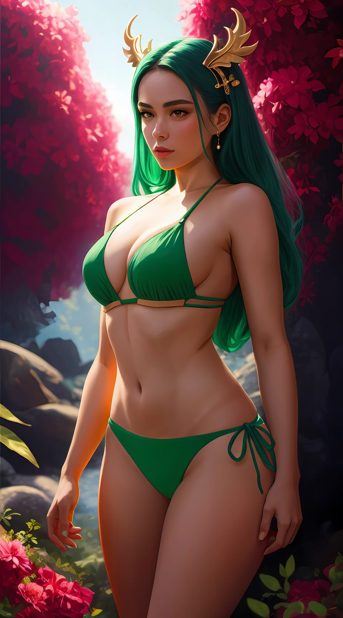 obra-prima, corpo inteiro, Uma bela mulher elfos, seios grandes, green bikini, em uma floresta, dia, Very detailed lighting, Dramatic, trending digital art in Artstation 8k HD realistic detailed high definition, detalhado, textura da pele, hiper detalhado, textura de pele realista, armadura, melhor qualidade, Ultra alto nada, (fotorrealista: 1.4), alta resolução, detalhado, foto crua, sharp re, por Lee Jeffries Nikon D850 Film Fotografia de Stock 4 Kodak Portra 400 Camera F1.6 Lens Rich Colors Hyper Realistic Texture Dramatic Lighting UnrealEngine trend in ArtStation Cinestill 800