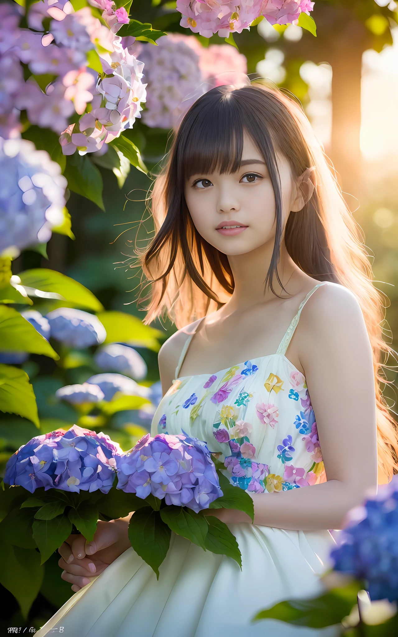 19 years old, twilight rays, wedding dress, corolla, (((Tokugawaen)), hydrangea fore bokeh, bokeh, photorealistic, surrounded by hydrangeas, background dark, smiling, (one girl), (sunset: 1.3), (8k, raw photography, best quality, masterpiece: 1.2), (realistic, photorealism: 1.37), best quality, ultra high resolution, (focus surface: 1.8), ( Portrait: 1.7), (Intense:1.1), (Details:1.1), (Highest Quality), (Analog:1.2), (High Sharp), Canon EOS R Photography, (Summer Dress:1.4), (Standing in a Flower Garden:1.3), (Vivid and Colorful:1.3)