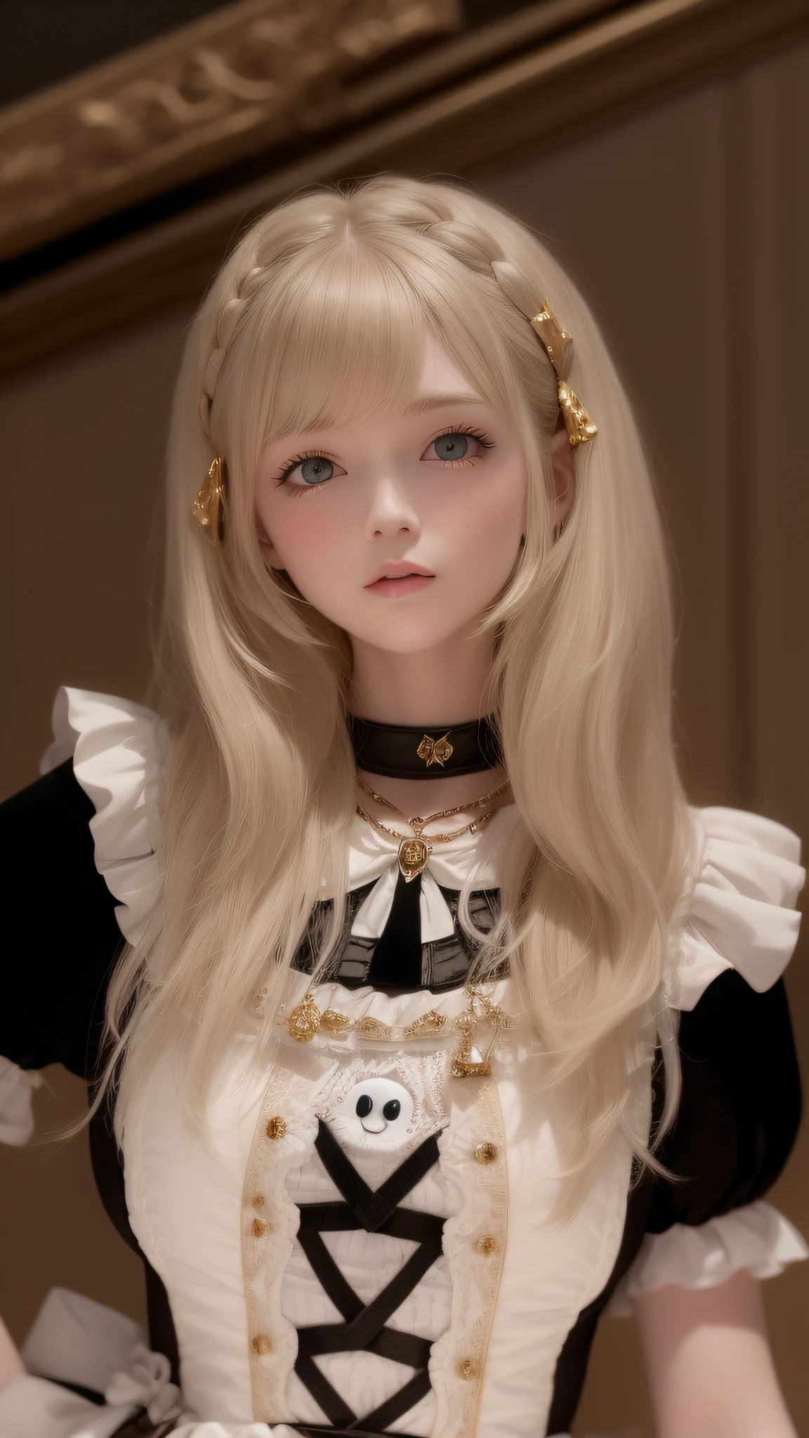 blond haired girl with a black and white dress and a gold necklace, Loli, inspired by Li Chevalier, second life avatar, portrait of lolita, blond hair with pigtails, cattie - brie of mithril hall, cabellos largos dorados, inspired by Sim Sa-jeong, shikamimi, lblsck hair, extremely pale blond hair