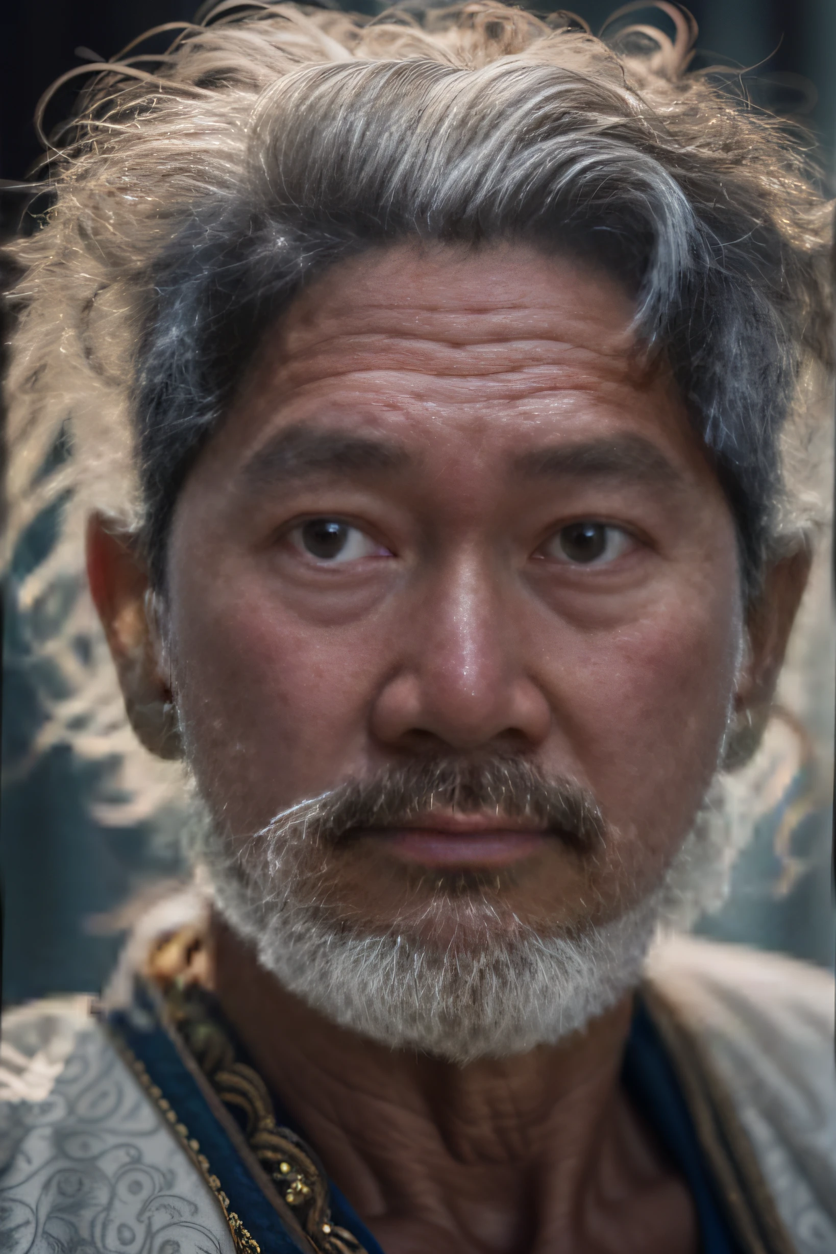 dark theme, ultra resolution, hyper realistic, hdr, absyrdres, cinematic shot, vignette, centered, short DOF,

a closeup portrait of an old man, Scandinavian, looking at camera,
brown old eyes,
short white hair, one braided hair curl, white VIKING BEARD,
missing teeth,
narrow face
dark skin, wide shoulders, weathered by sun and sat water,
royal doublet with gold patterns,

royal chambers

camera focus on an eye, high focal length, dslr, 35mm lens,
photo by Cristina Otero, dark studio, rim lighting, two tone lighting, dimly lit, low key, backlight,