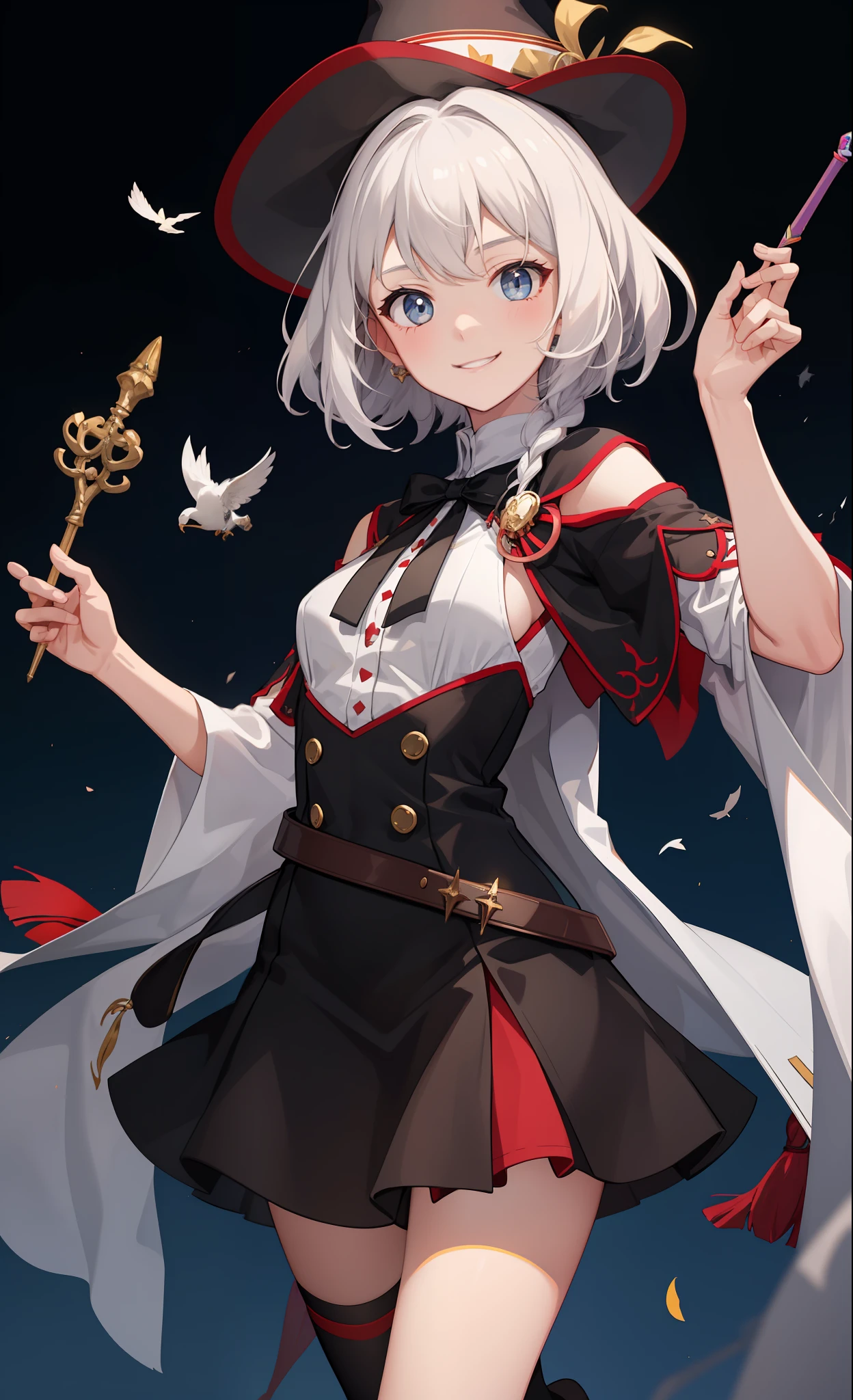 1girl in、A smile、The shirt、Blouse、skirt by the、(small tits)Chilarism、movement、Hats、cloaks、magic wands、sorcerer、white hair、