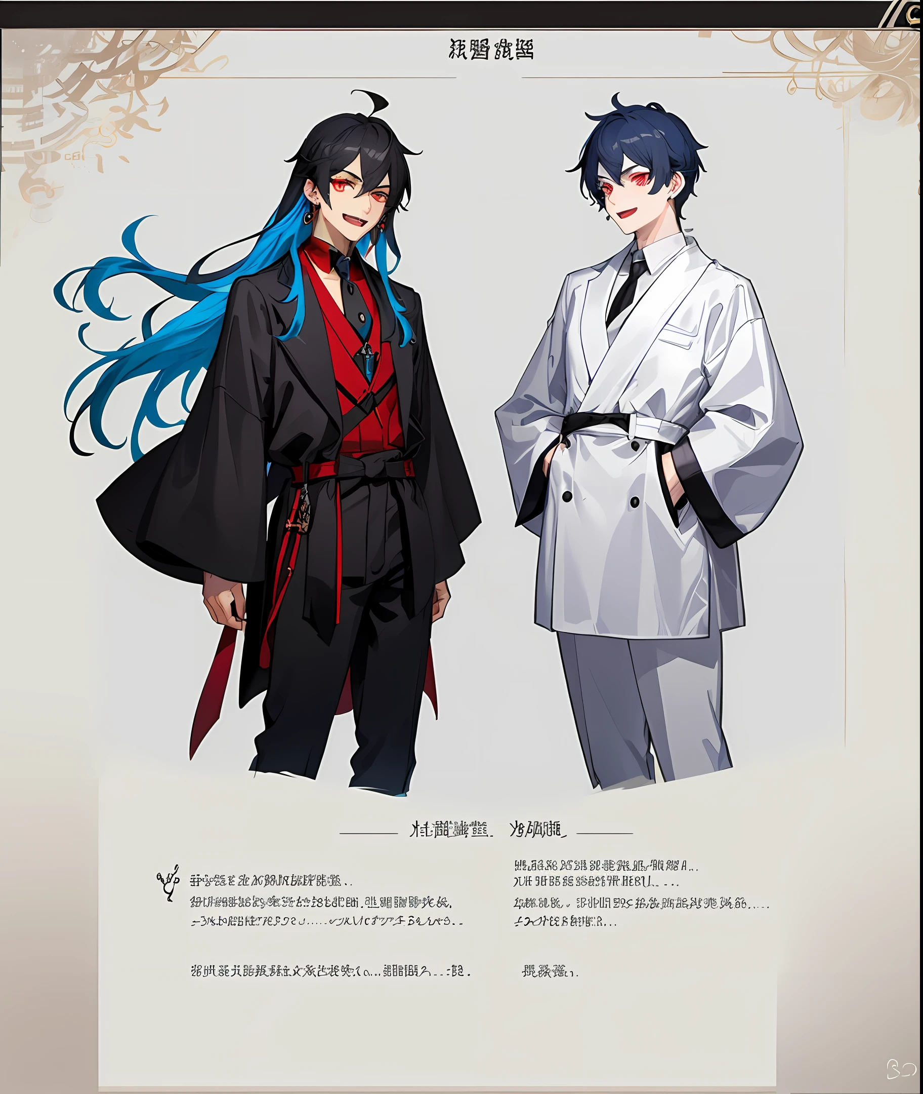 concept-art,Two boys,1 blue hair,long whitr hair,beautiful,Red eye makeup,2 Black hair,Red earrings,Evil laughter,Ghosts,black toga,edged,China-style