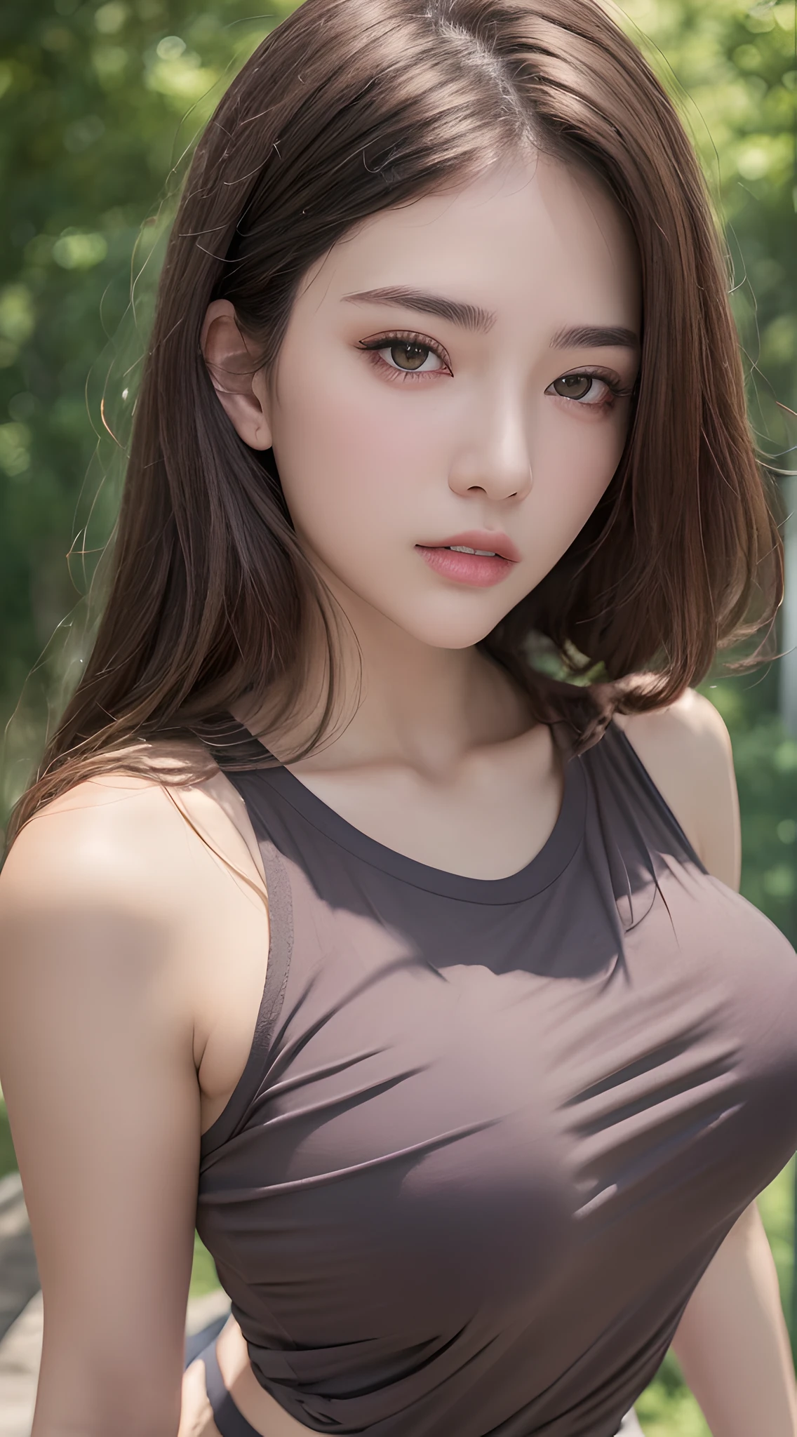 ((top quality, 8k, masterpiece: 1.3)), sensual woman, 1 girl, (slender figure: 1.2), dark brown hair, (outdoor, shirt, shorts: 1.1), ultra detailed face, detailed lips, detailed eyes, double eyelids, (????????????: 1.2)