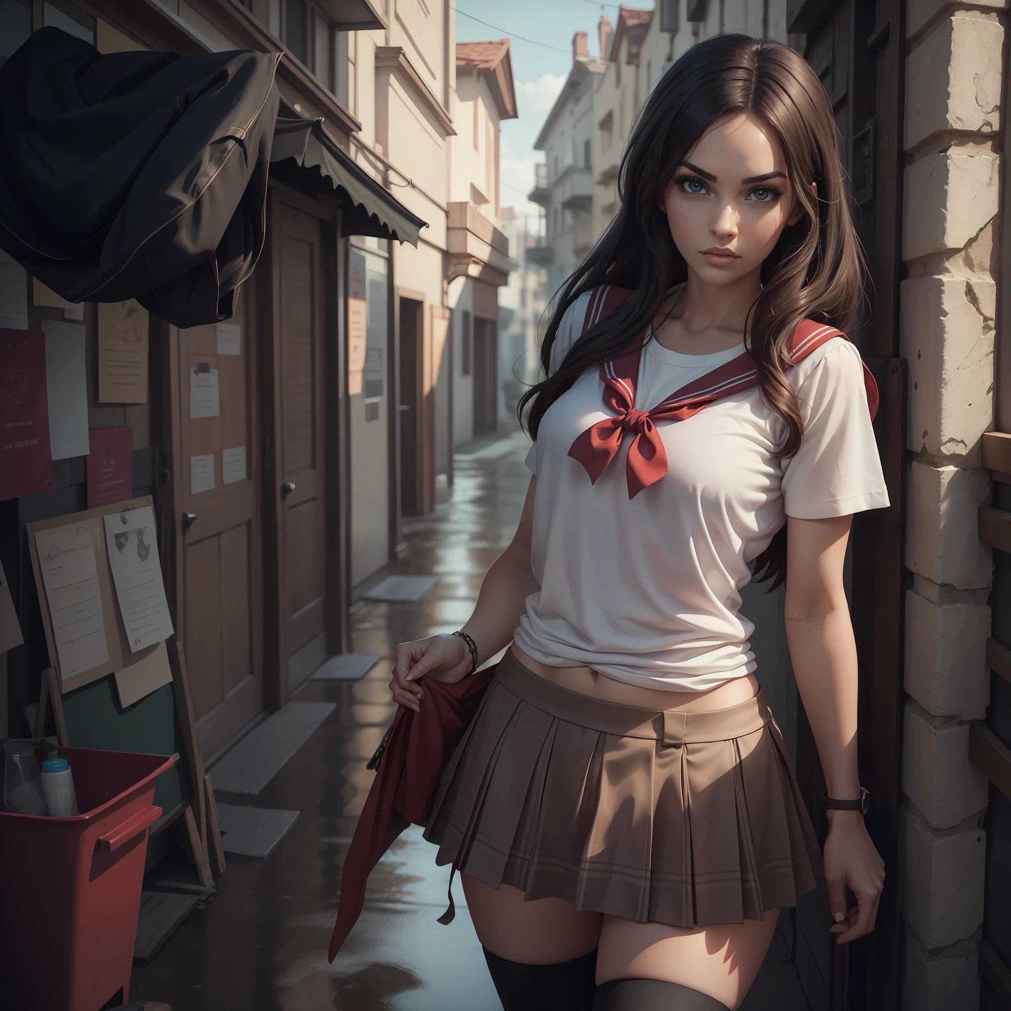 fotorrealista,Realistic illustration in Manga style,((Obra maestra)),((La mejor calidad)),((Ultra detallado)),((1girl)),((solamente)),((waifu:1.5)),Perfect anatomy,Lindo_cara,Exceptionally Beauty waifu Megan Fox como Rin Tohsaka Fate/Stay night,en cosplay de School girl uniform,ropa mojada,white T-shirt,sailor minifalda,Calcetines negros,rojo-claro_ojos,cabello ondulado,delineador,Maquillaje lindo,((Ojos detallados perfectos)),Ciudad Cyberpunk,lluvia afuera,noche,((Extremadamente CG Unidad 8K Fondo de pantalla)),Detalles intrincados,Extremely beautiful and aesthetic,Renderizado de octanaje,Retrato de cuerpo entero,damp skin,((Cuerpo detallado perfecto)),