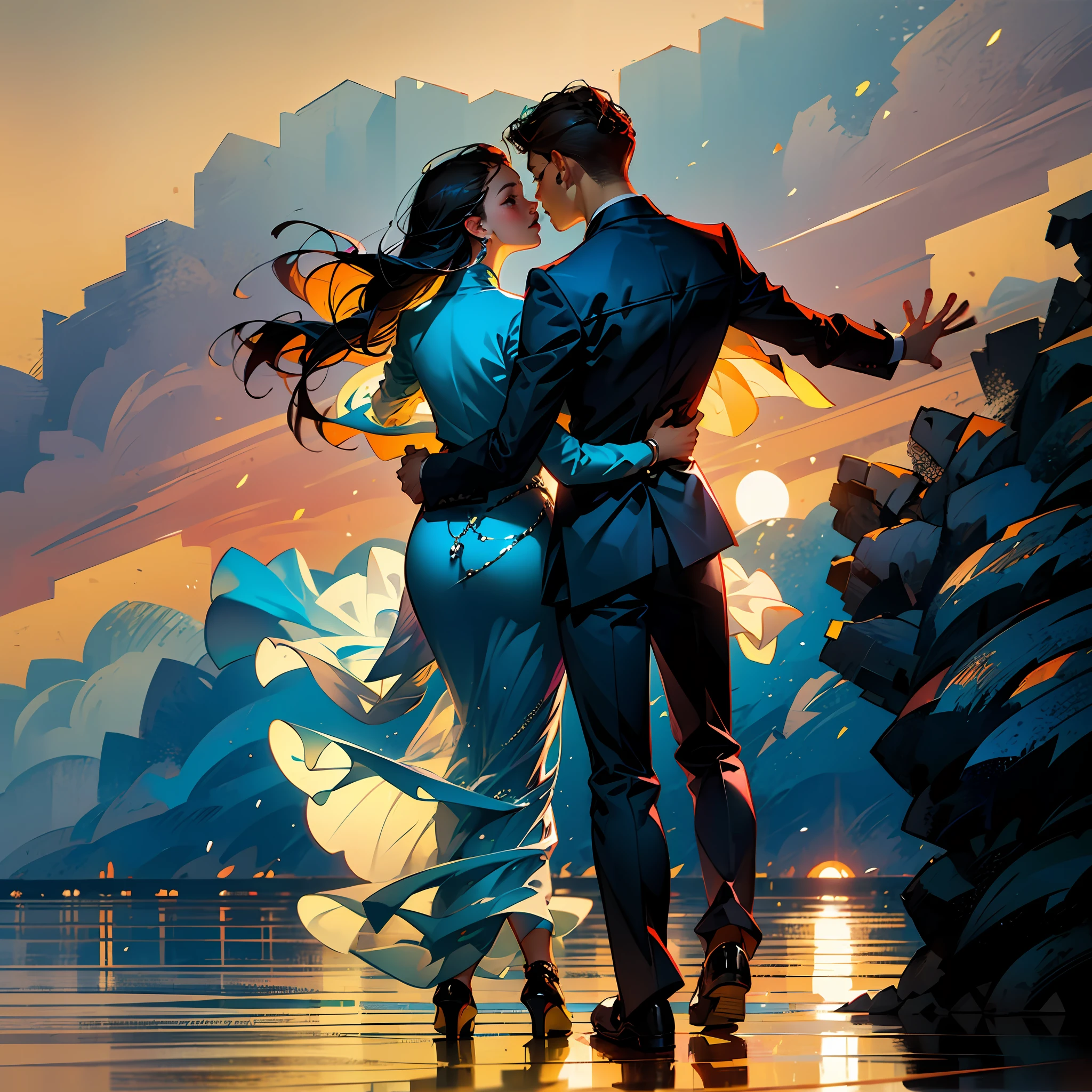 Um casal sentado na beira de um lago, watching the sunset together.
A man hugging a woman from behind in a beach setting with the sun setting in the background.
A couple dancing in a ballroom, iluminados por luzes suaves.
A man holding a woman's hand as they walk together in a park.
Um casal trocando um beijo apaixonado em uma ponte sobre um rio, com a cidade ao fundo. --auto