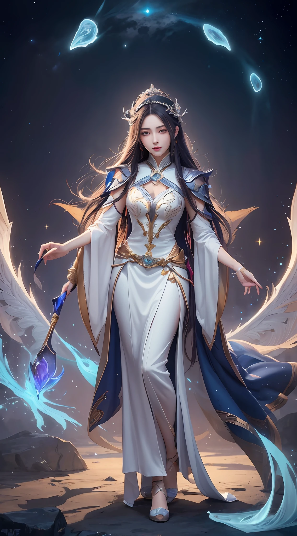 anime - style image of a woman in a white dress with long hair, full body xianxia, goddess. extremely high detail, trending on cgstation, irelia from league of legends, beautiful celestial mage, 8k high quality detailed art, irelia, astral witch clothes, highly detailed exquisite fanart, smooth anime cg art, extremely detailed goddess shot