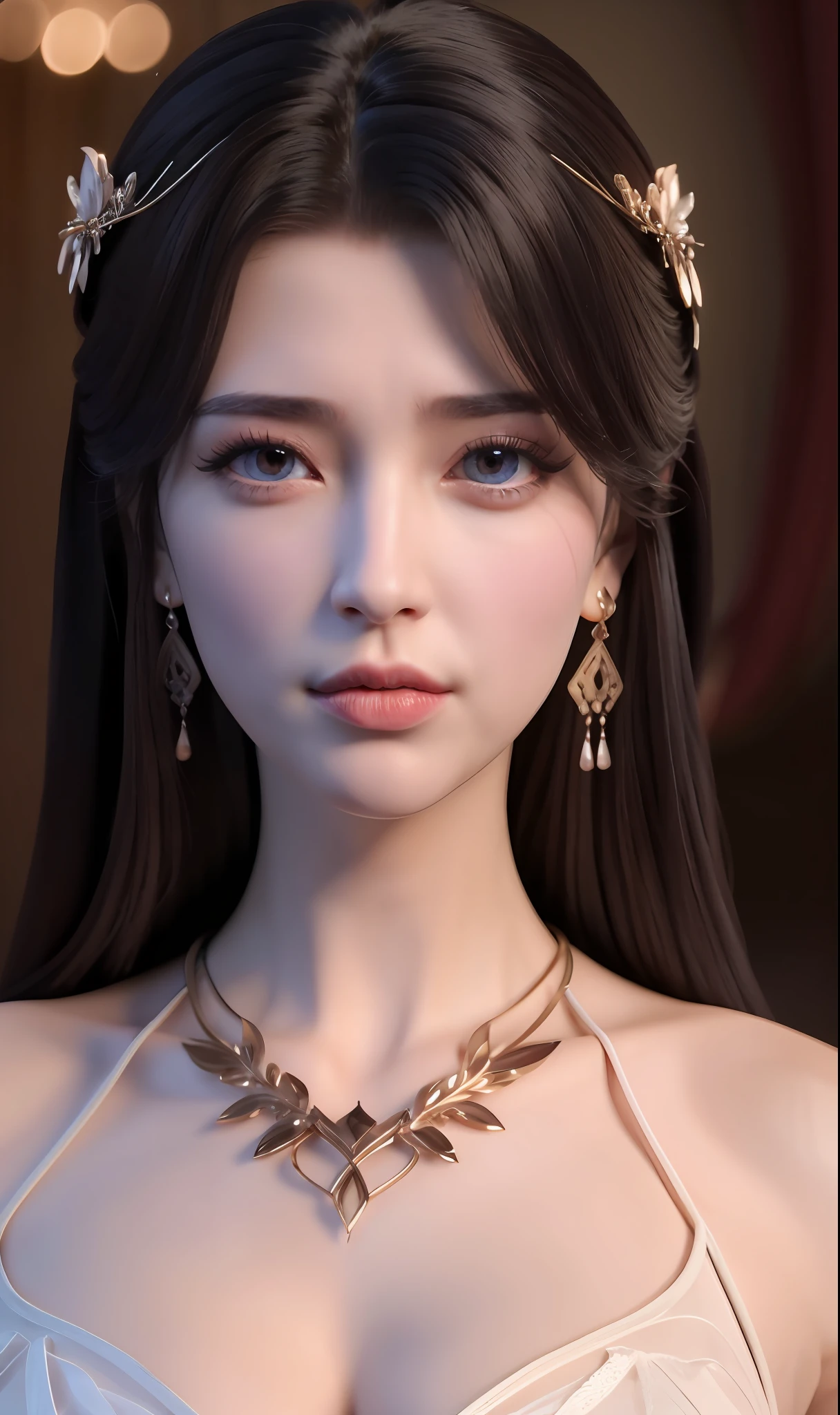 1 girl,best quality ,masterpiece, illustration, an extremely delicate and beautiful, extremely detailed ,CG ,unity ,8k wallpaper, Amazing, finely detail, masterpiece,best quality,official art,extremely detailed CG unity 8k wallpaper,absurdres, incredibly absurdres, huge filesize , ultra-detailed, highres, extremely detailed,beautiful detailed girl, extremely detailed eyes and face, beautiful detailed eyes,light on face, circlet, cleavage, real face, standing, natural face, clothes with texture, earrings, eyelashes, hair_ornament, jewelry, soft lighting,cinematic lighting , Baotou head,