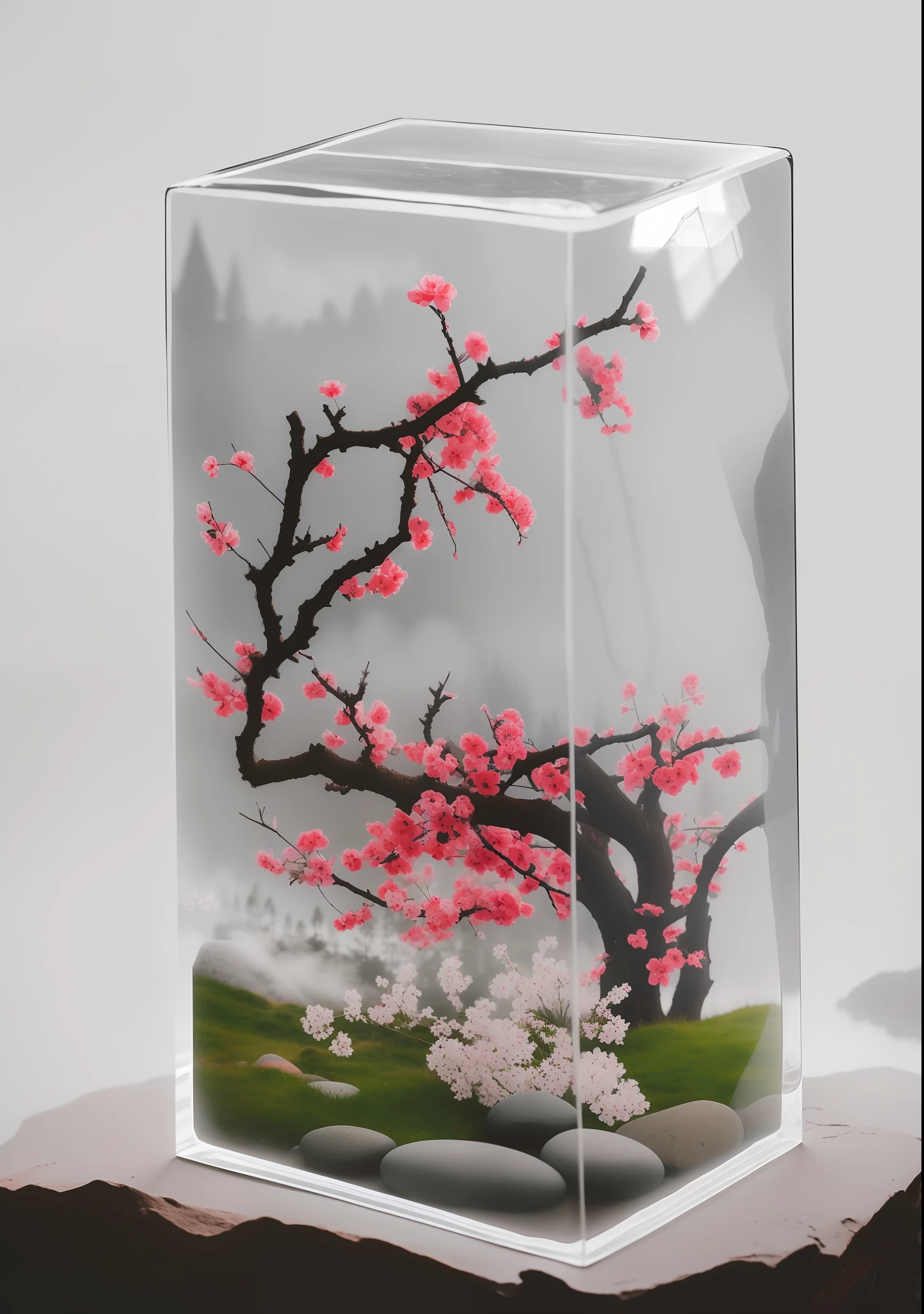 (Clear crystal cuboid,inside, There is a landscape of plum blossoms in full bloom,grassy fields,Rochas,Yuki),Realistic plum blossoms、Stones and meadows,Put it on the stone,Pastel warm gray background,(Fog in the forest:1.6),Background rocky mountains,depth of fields,Slate atmosphere,cinematic ligh,Dull colors,Dark shots,pastel colour,Film graininess,lute,Spooky like