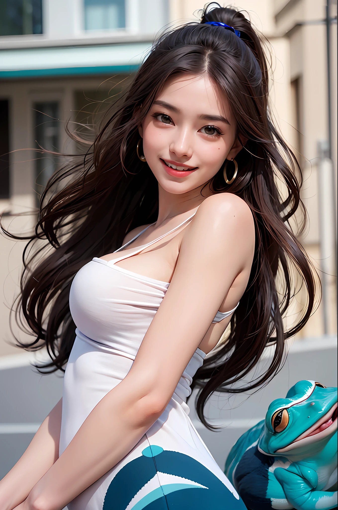 (8k, RAW photos,best quality, high resolution:1.1), (hyperrealistic:1.4),(realistic, photorealistic:1.3), soft light,,girl,realistic face,realistic body,realistic skin,absurdity,masterpiece,(cute:1.8), cuties, solo, (big breastsiled black eyes,innocent eyes,blusher,(t-shirt:1.2), cinema light,film grain,jewelry,earrings,((Medium hair:1.1)),((Floating Hair Novafrog Style)),cherry colored lips,hair ribbon,hair bow,ponytail,closeup,look viewer,long hair,upper body,open lips,upper teeth, (smiling eyes:0.6),((grinning:1.2)),depth of field, blurred background, eye focus, Bokeh,Young, 85mm Lens, f/1.4,Professional Lighting, Young,Portrait,Photon Mapping,Radiosity,Physically Based Rendering,No Bra
