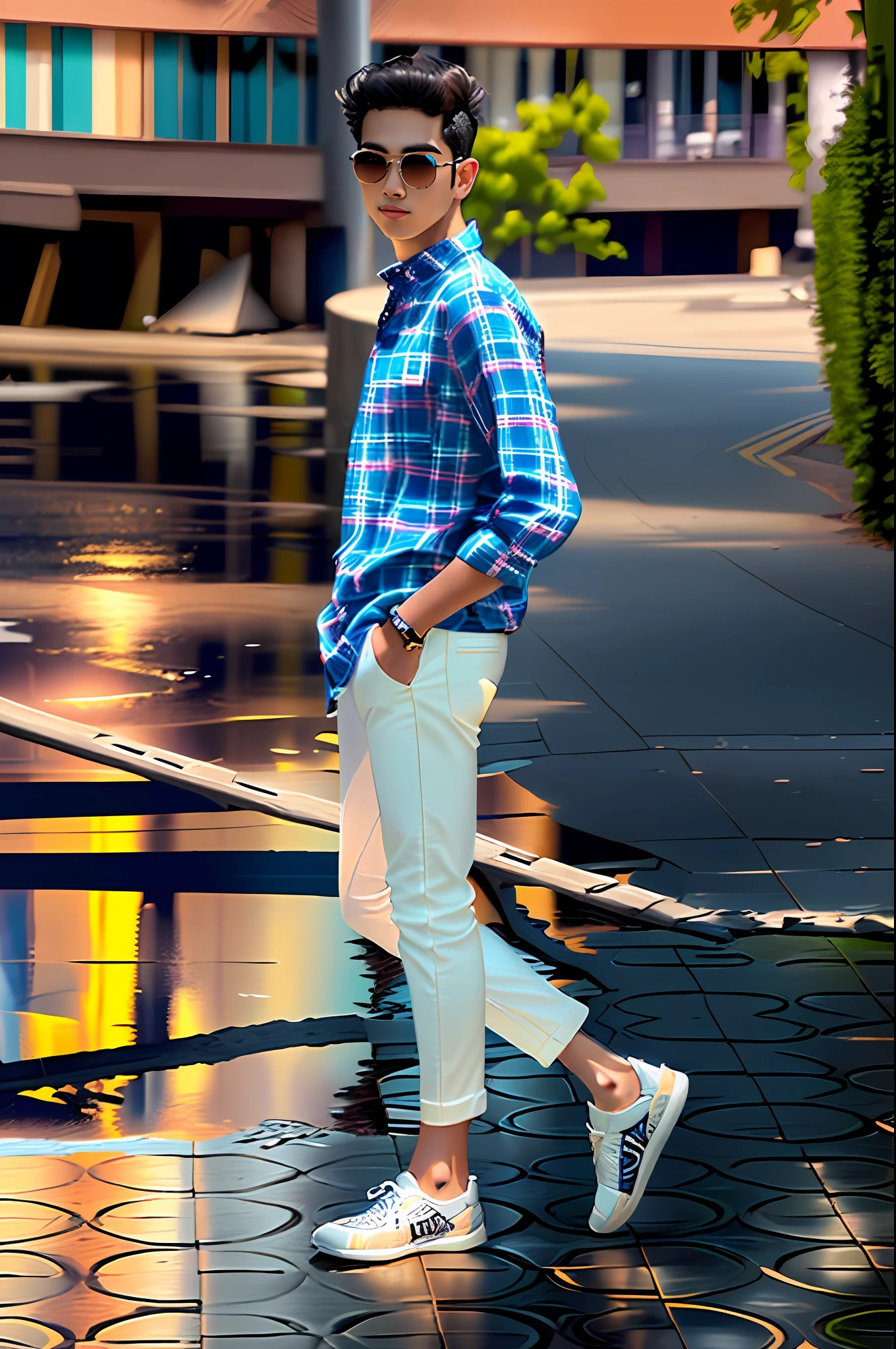 arafed man in blue shirt and white pants standing on a brick walkway, full body photogenic shot, * colour splash *, with a cool pose, !! low contrast!!, full body picture, cool pose, taken with canon 8 0 d, distant full body view, casual photography, casual pose, with lovely look, very artistic pose, stylish pose, full body portrait shot