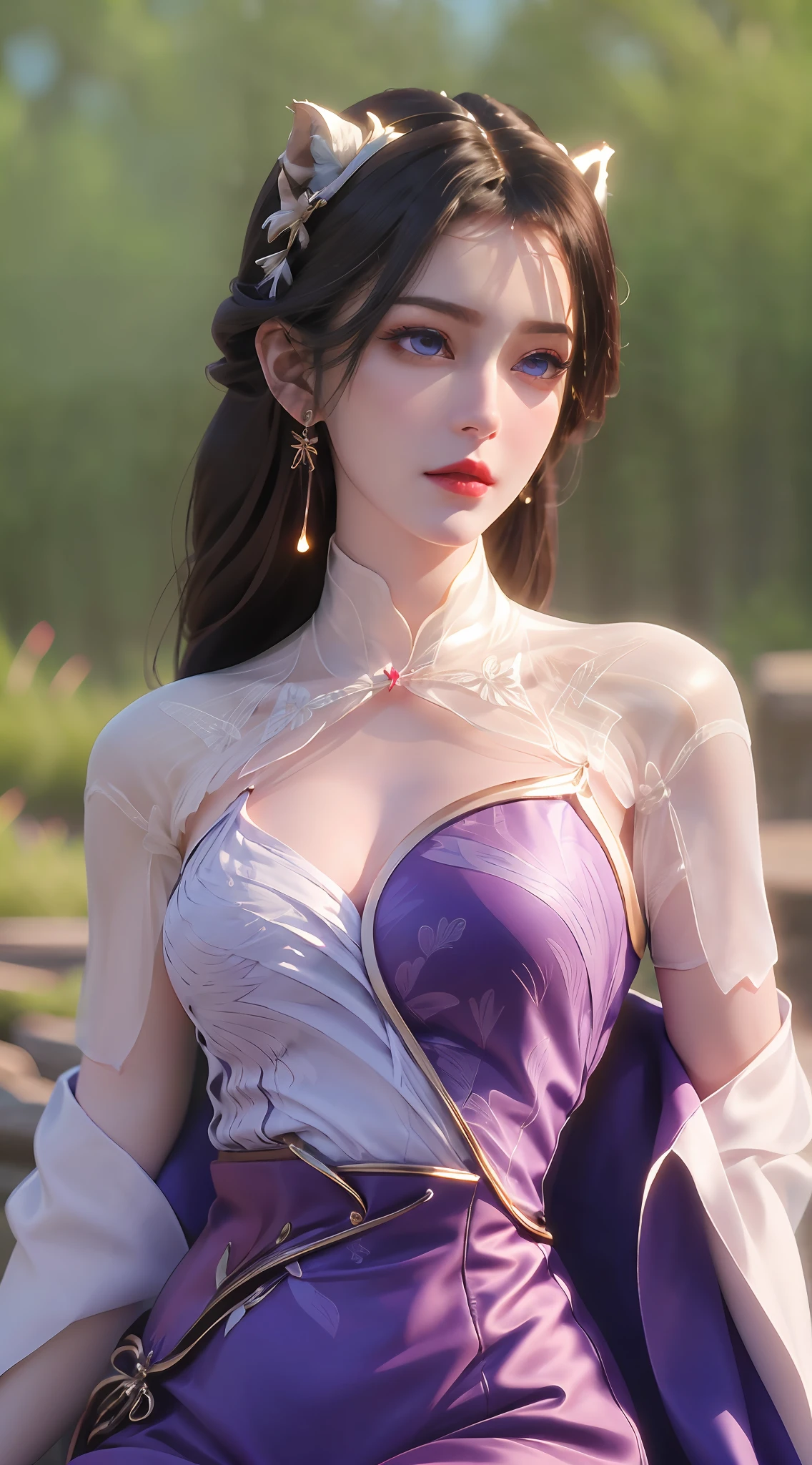 1 beautiful girl in Han costume, Thin purple silk shirt，white colors，The texture is diverse, white lace top, long platinum purple ponytail, hair adornments, ear jewelry, light purple rabbit ears, necklace and necklace, meticulously drawn large purple eyes, meticulous makeup, Thin eyebrows, High nose, lovely red lips, Without smiling, pursed lips, rosycheeks, Wide breasts, Big breasts , well-proportioned bust, Slim waist, purple mesh socks, chinese hanfu style, fictitious art textures, vivid and realistic colors, RAW photos, Realistic photos, ultra high quality 8k surreal photos, (effective fantasy light effect: 1.8), 10x pixel, Magic effects (Background): 1.8), Super detailed eyes, girl body portrait, Solo girl, ancient hanfu background,