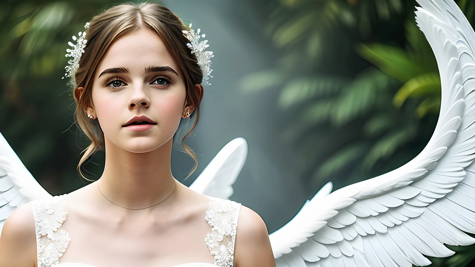 There is a picture of a woman with a white angel on her back, anjo protegendo a mulher, Emma Watson como um anjo, Taylor Swift como um anjo celestial, biblical accurate angel, angelic, anjos em vestidos de gaze branca, tiro de anjo largo, angel is split in two with smoke, Alto Anjo tiro distante, possivelmente um anjo, she is arriving heaven