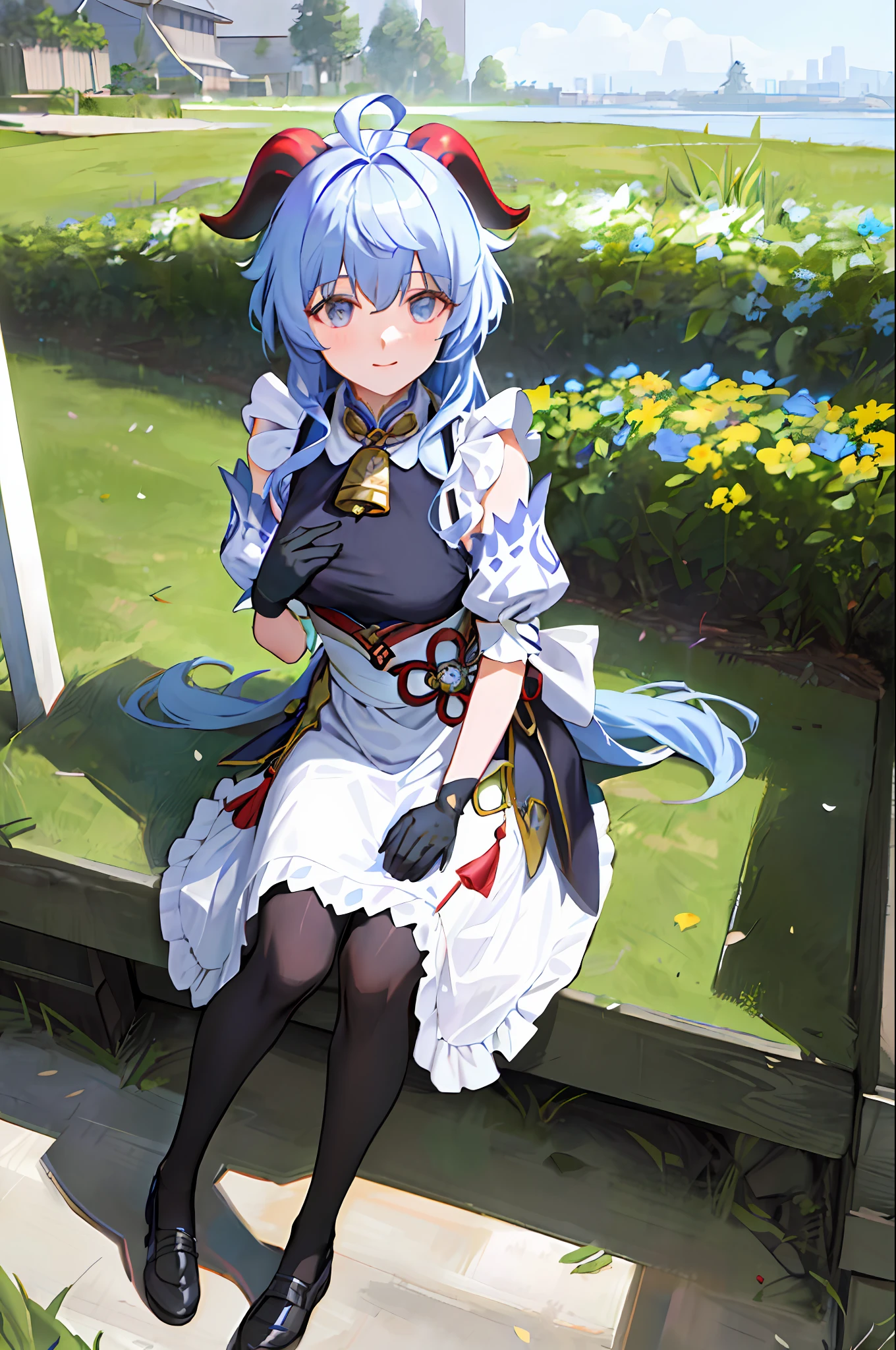(Photorealistic:1.4), (Masterpiece, side-lighting, fine detailed beautiful eyes: 1.2), Masterpiece*Portrait, Realistic, 3D face, Ganyu \(Genshin Impact\), 1girll, ahoge, architecture, By bangs,Bare shoulders,bell,black glove,Black tights,(blue hair),Blushlush,Beautiful breasts,Chinese knot,the sleeve,flower knot,mitts,cow horn,long whitr hair,middlebreast,Neckbells,the maid outfit:2.0,maid costume:2.0,ssmile,Squinted eyes,gentleness,duck sitting,Sit on the lawn,extremely shy,Be red in the face,Have a picnic outside,the woods,NOWAI,Flowers,Admire the flowers,Flowers,Bright flowers,rejoice,exhilarated,Holding flowers in hand
