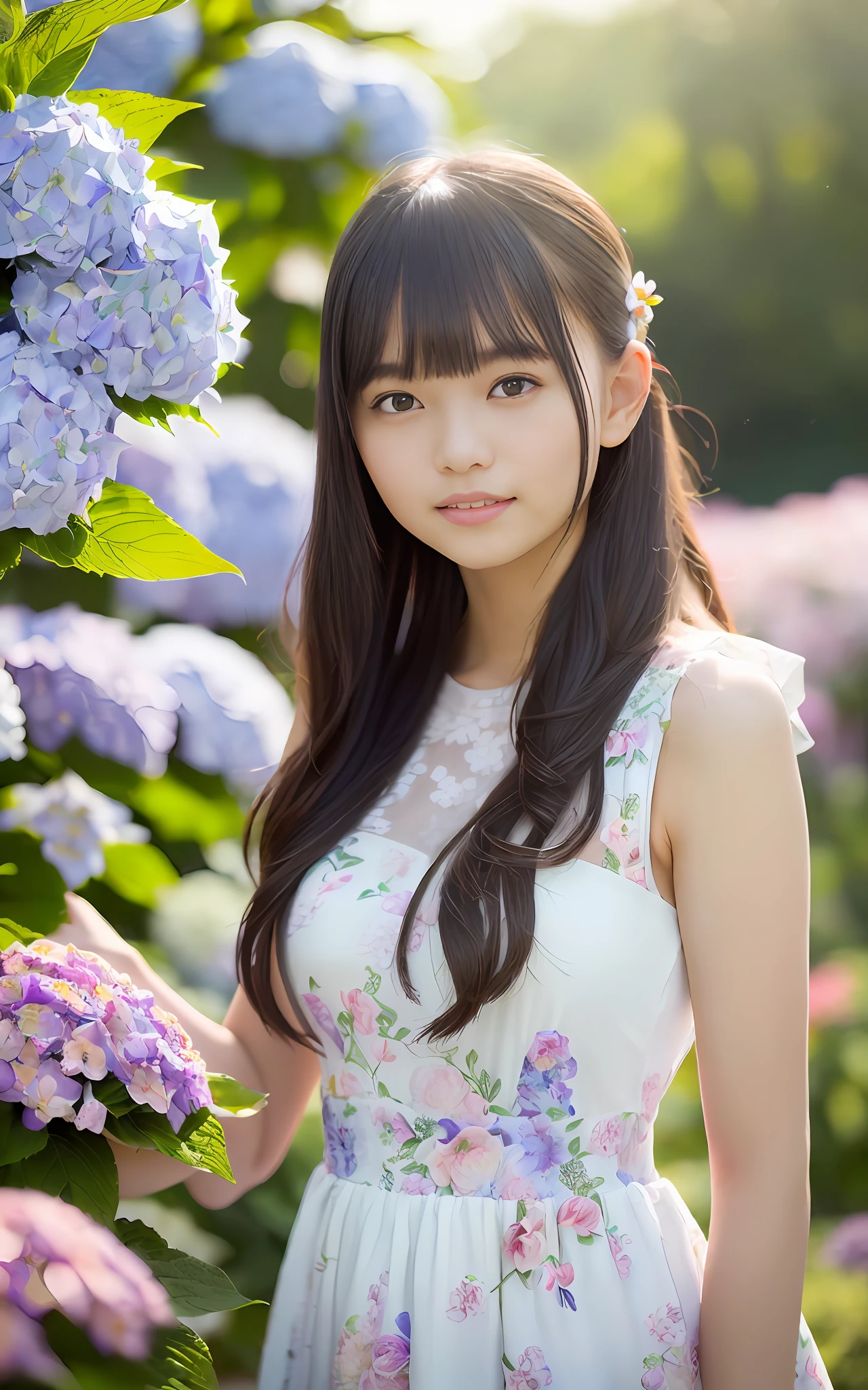 19 years old, twilight rays, wedding dress, corolla, (((Tokugawaen)), hydrangea fore bokeh, bokeh, photorealistic, surrounded by hydrangeas, background dark, smiling, (one girl), (sunset: 1.3), (8k, raw photography, best quality, masterpiece: 1.2), (realistic, photorealism: 1.37), best quality, ultra high resolution, (focus surface: 1.8), ( Portrait: 1.7), (Intense:1.1), (Details:1.1), (Highest Quality), (og:1.2), (High Sharp), Canon EOS R Photography, (Summer Dress:1.4), (Standing in a Flower Garden:1.3), (Vivid and Colorful:1.3)