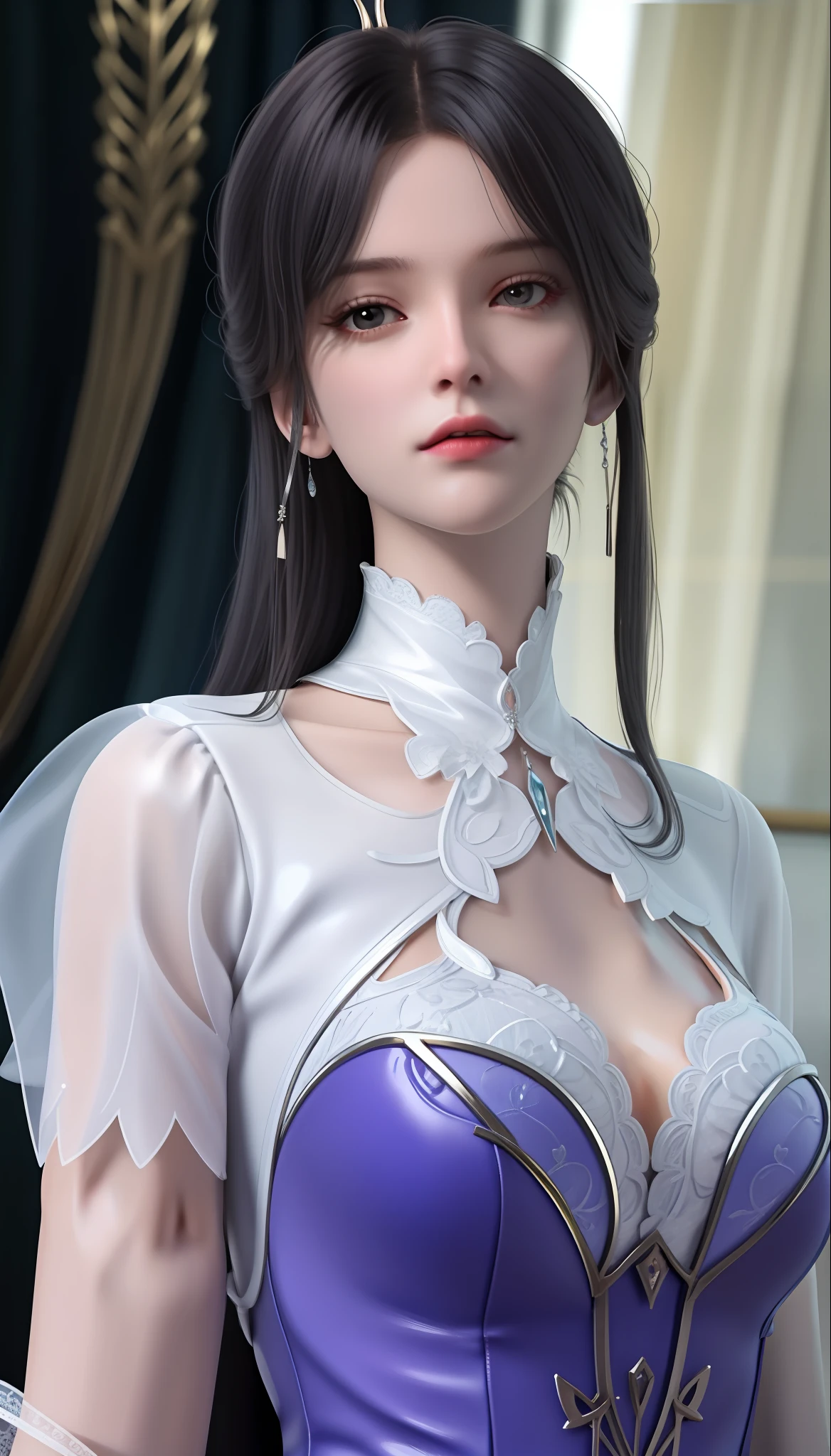 1girl, looking at viewer,
upper body, 3D, realistic,
large breasts, excessively frilled princess dress, draped clothes, jewelry, ornament, flower, lace trim,
masterpiece, best quality, 8k, detailed skin texture, detailed cloth texture,  beautiful detailed face, intricate details, ultra detailed,
rim lighting, side lighting, cinematic light, ultra high res, 8k uhd, film grain,best shadow, delicate, RAW